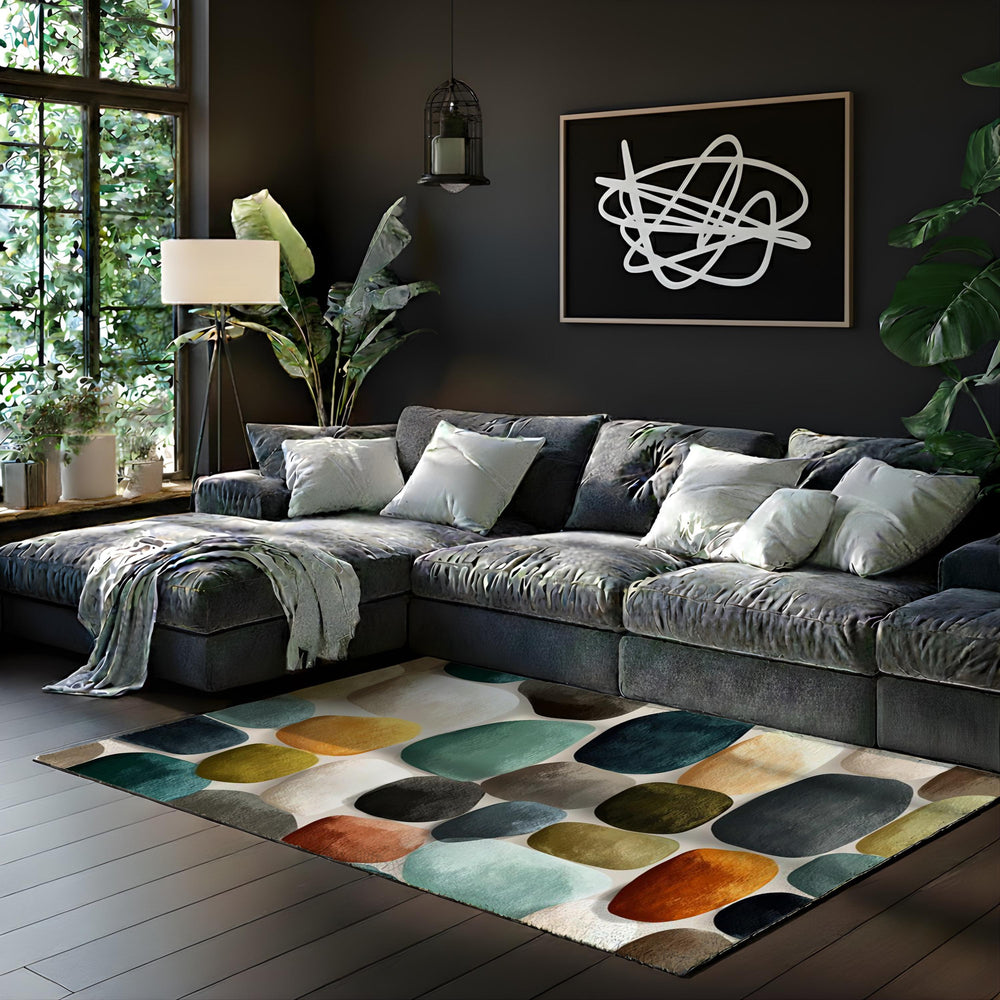 Modern Abstract Pebble Area Rug, Mid Century Geometric Carpet, Earth Tone Stone Pattern Floor Decor, Contemporary Living Room Accent Rug