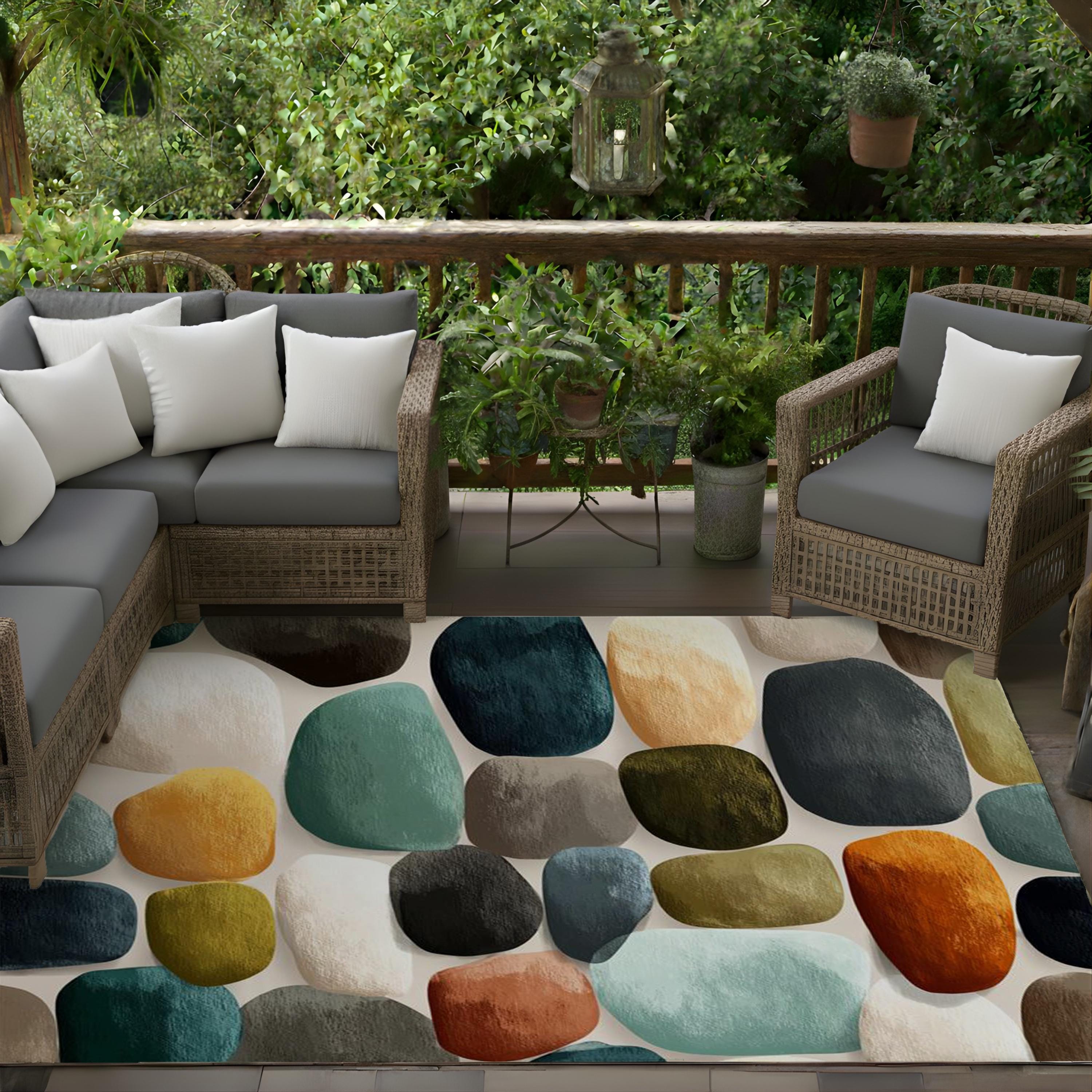 Modern Abstract Pebble Area Rug, Mid Century Geometric Carpet, Earth Tone Stone Pattern Floor Decor, Contemporary Living Room Accent Rug