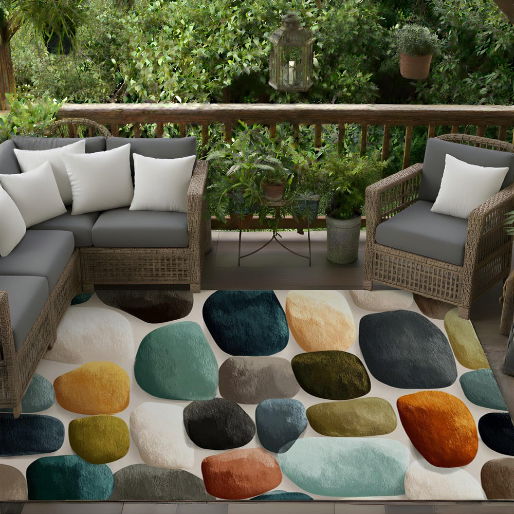 Modern Abstract Pebble Area Rug, Mid Century Geometric Carpet, Earth Tone Stone Pattern Floor Decor, Contemporary Living Room Accent Rug