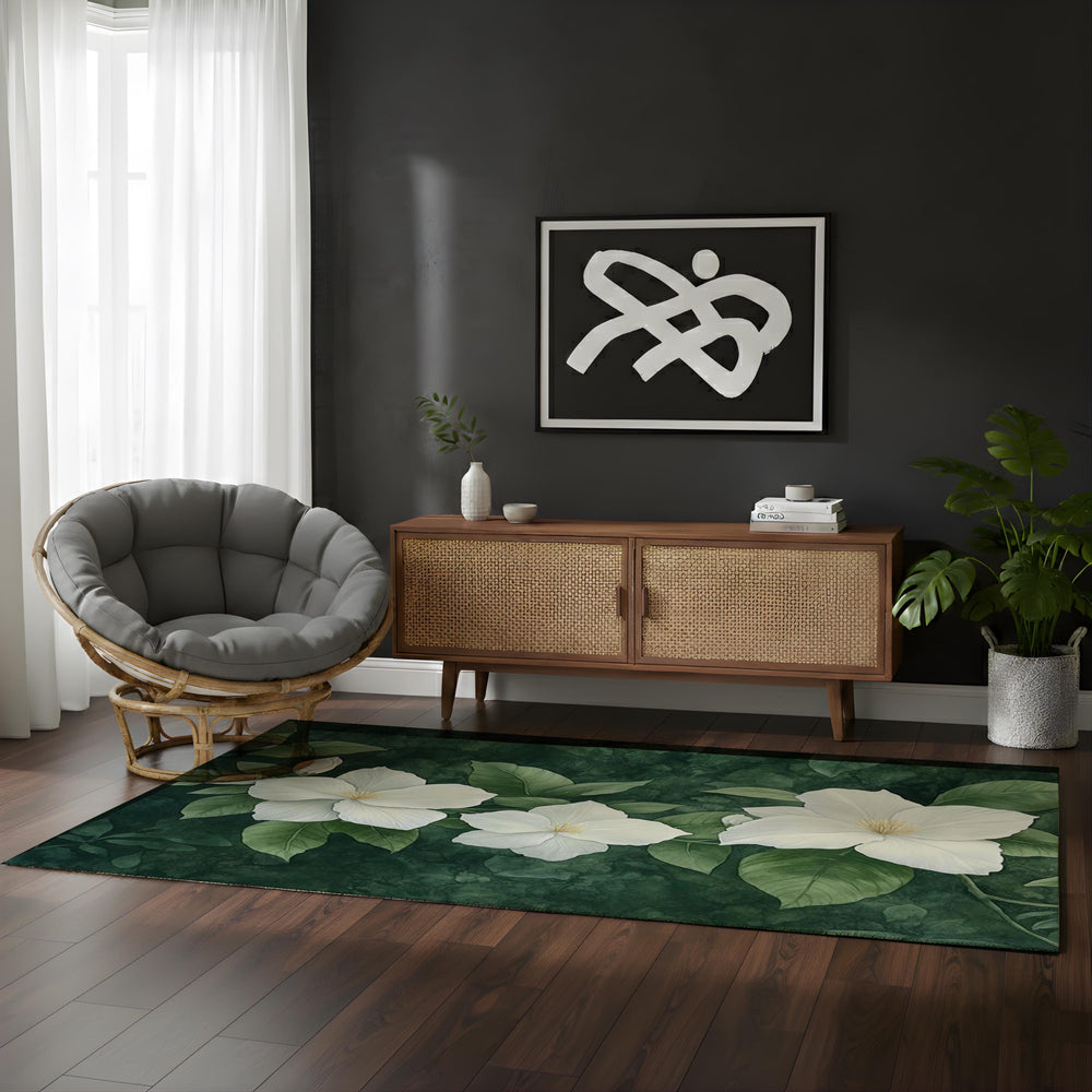 White Gardenia Area Rug, Dark Green Botanical Carpet, Elegant Floral Floor Decor, Nature Inspired Living Room Rug, Cottage Style Accent