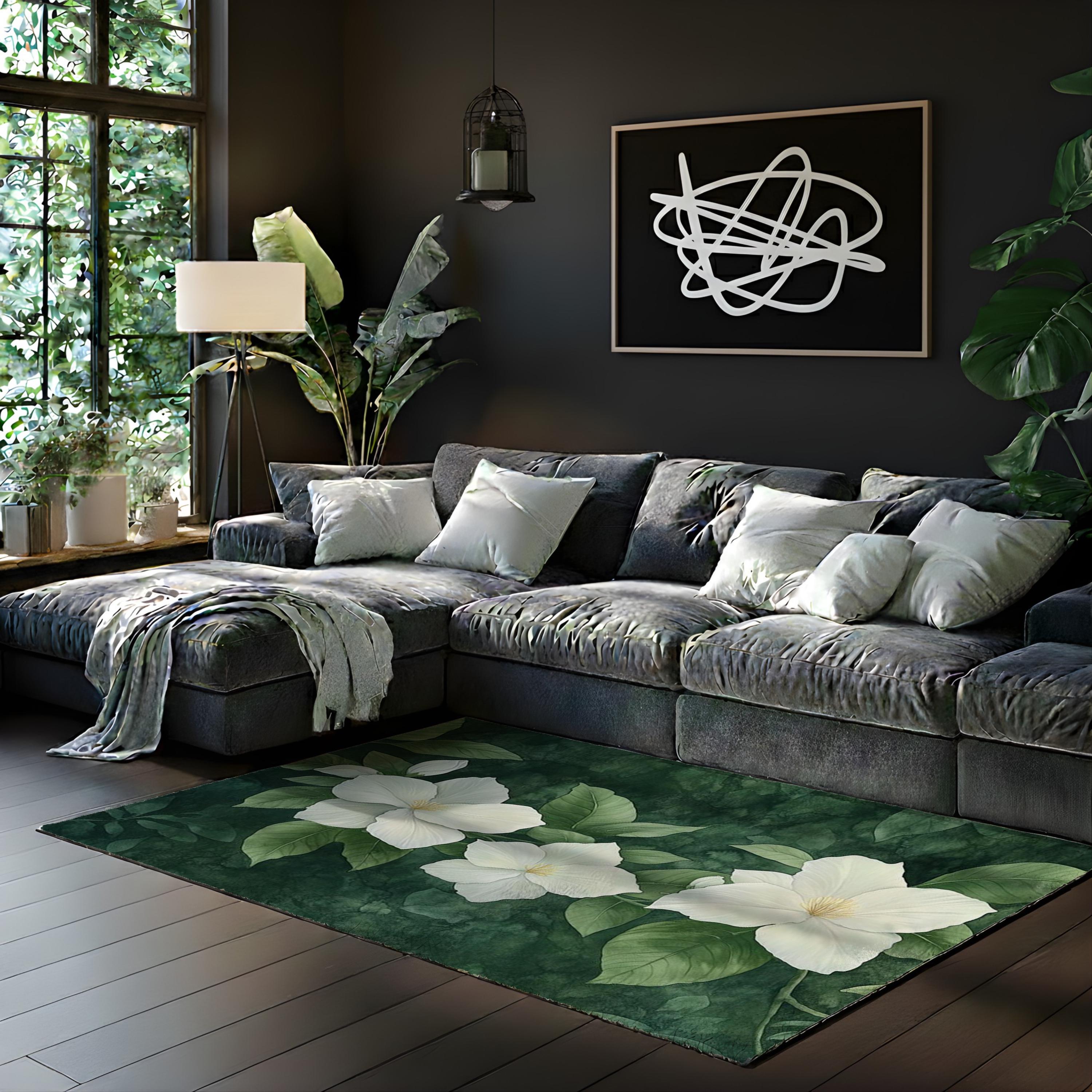 White Gardenia Area Rug, Dark Green Botanical Carpet, Elegant Floral Floor Decor, Nature Inspired Living Room Rug, Cottage Style Accent