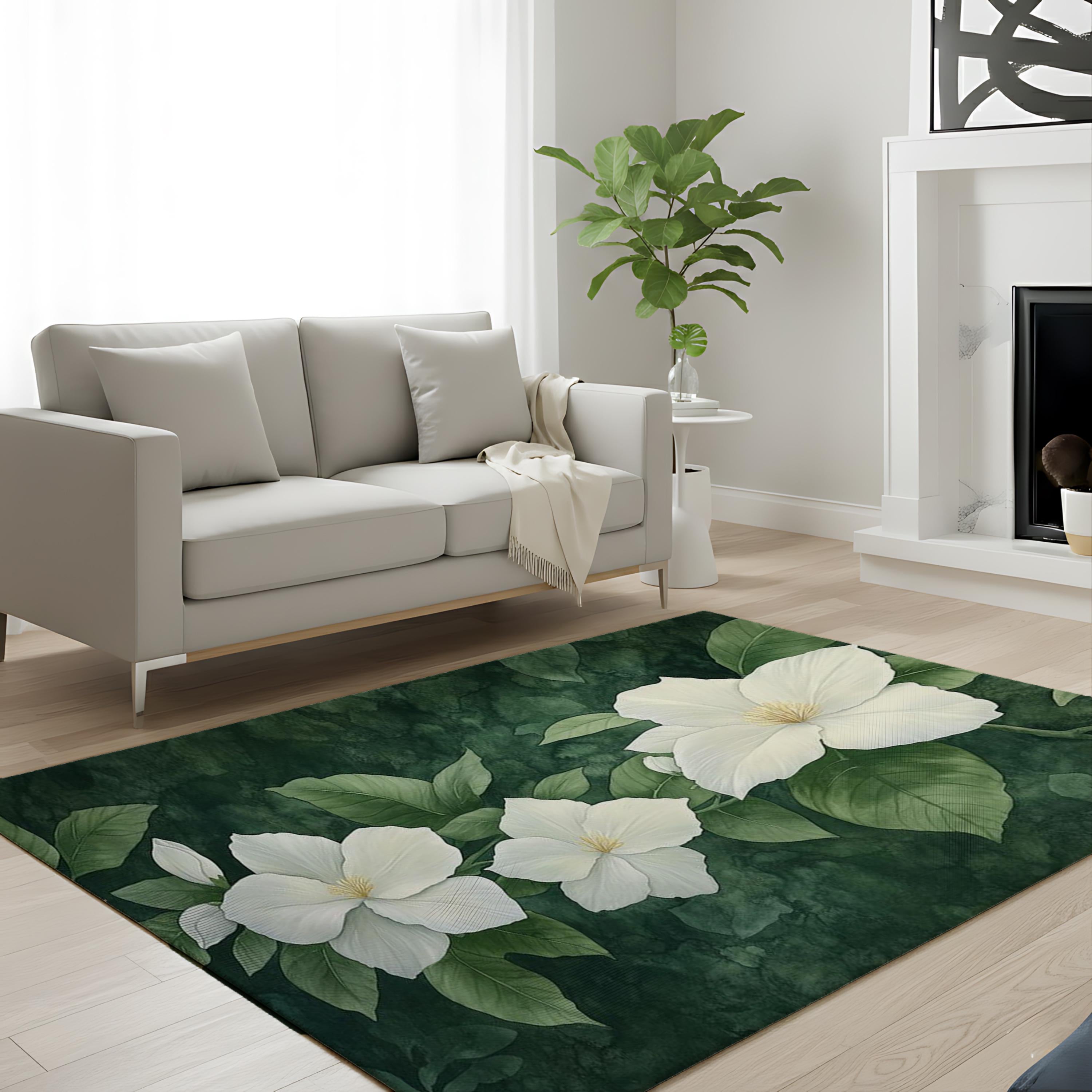 White Gardenia Area Rug, Dark Green Botanical Carpet, Elegant Floral Floor Decor, Nature Inspired Living Room Rug, Cottage Style Accent