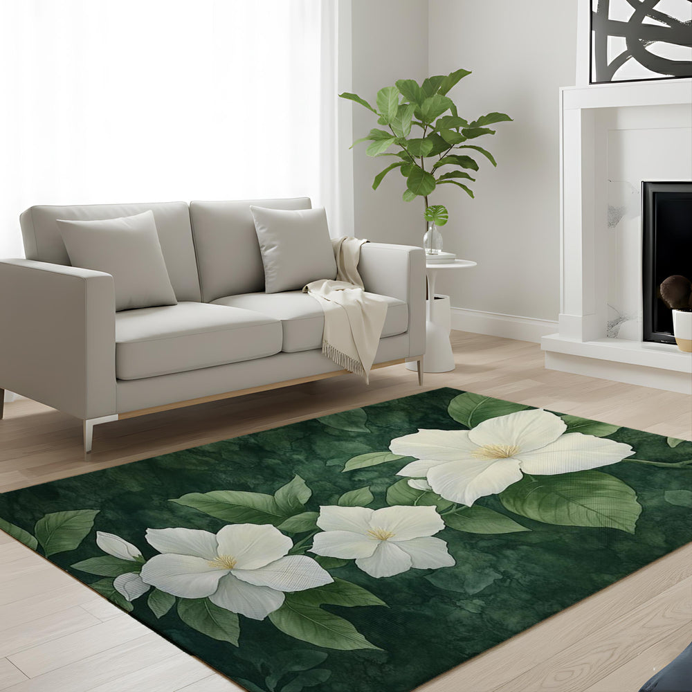 White Gardenia Area Rug, Dark Green Botanical Carpet, Elegant Floral Floor Decor, Nature Inspired Living Room Rug, Cottage Style Accent