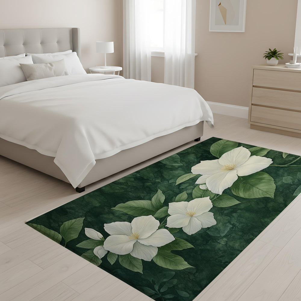 White Gardenia Area Rug, Dark Green Botanical Carpet, Elegant Floral Floor Decor, Nature Inspired Living Room Rug, Cottage Style Accent