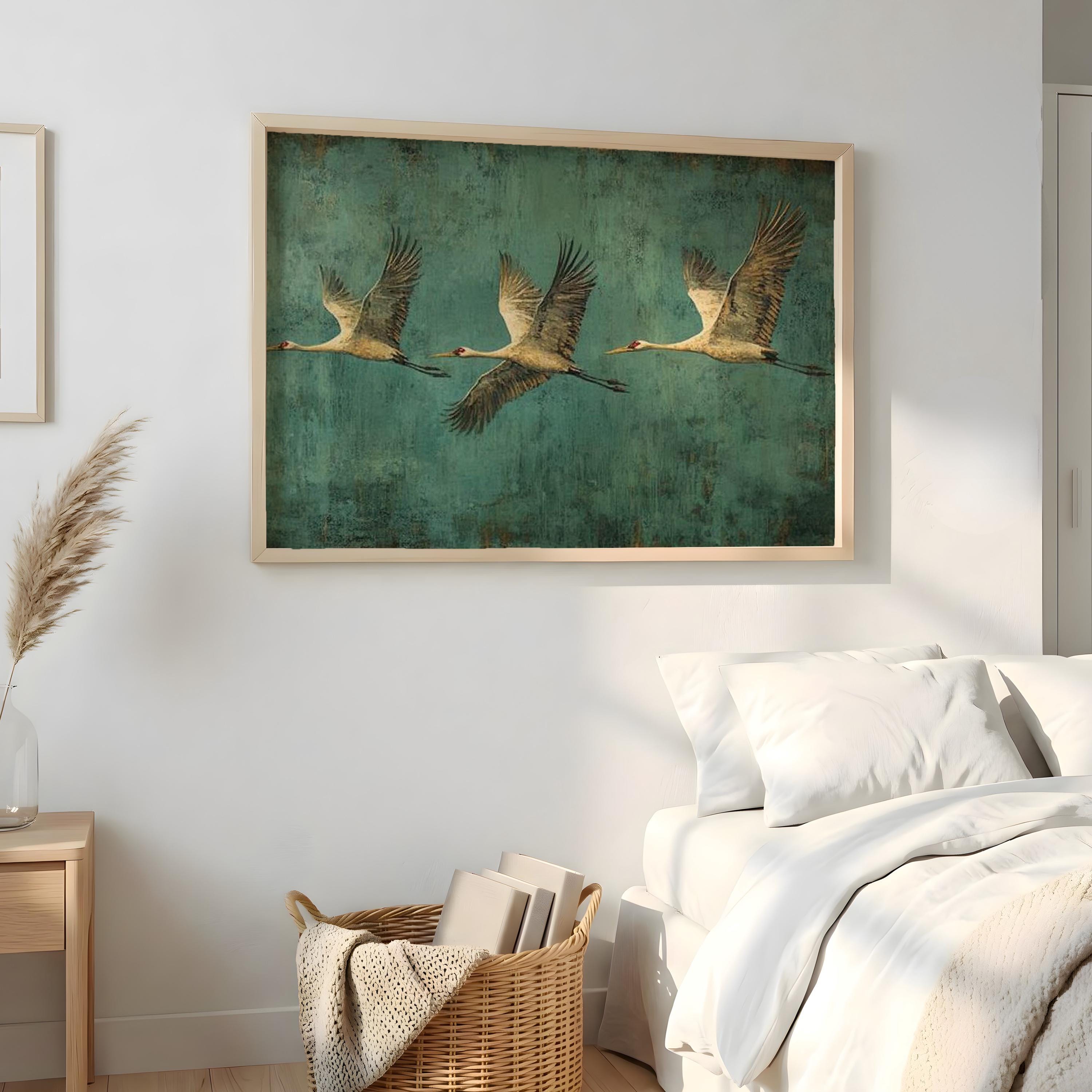 Flying Crane Wall Art, Teal Bird Artwork, Modern Wildlife Home Decor, Bird Canvas Print