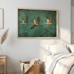 Flying Crane Wall Art, Teal Bird Artwork, Modern Wildlife Home Decor, Bird Canvas Print