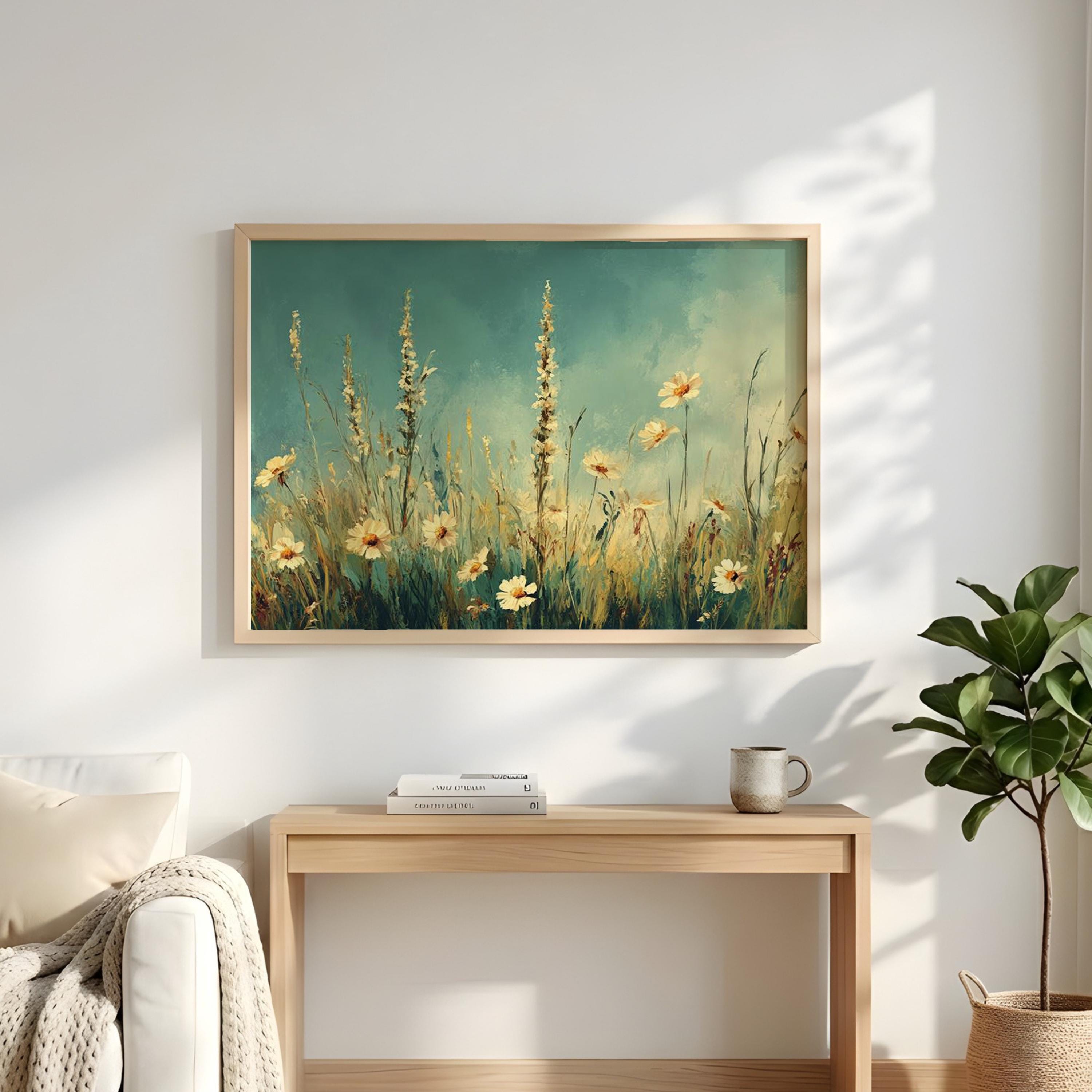 Wildflower Meadow Wall Art, Blue Sky Floral Landscape, Cottagecore Field Print