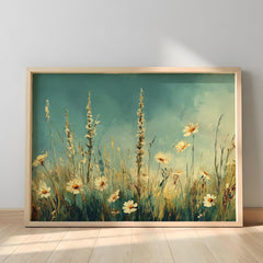 Wildflower Meadow Wall Art, Blue Sky Floral Landscape, Cottagecore Field Print