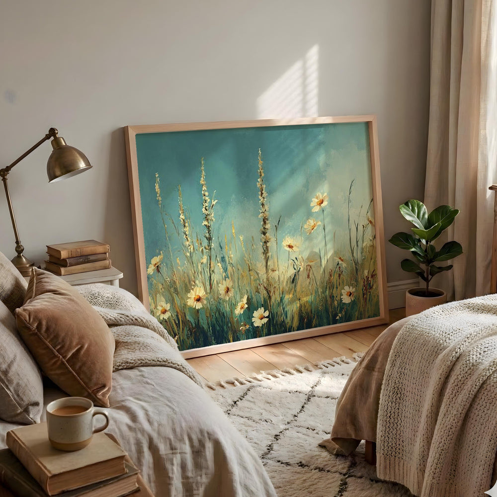 Wildflower Meadow Wall Art, Blue Sky Floral Landscape, Cottagecore Field Print