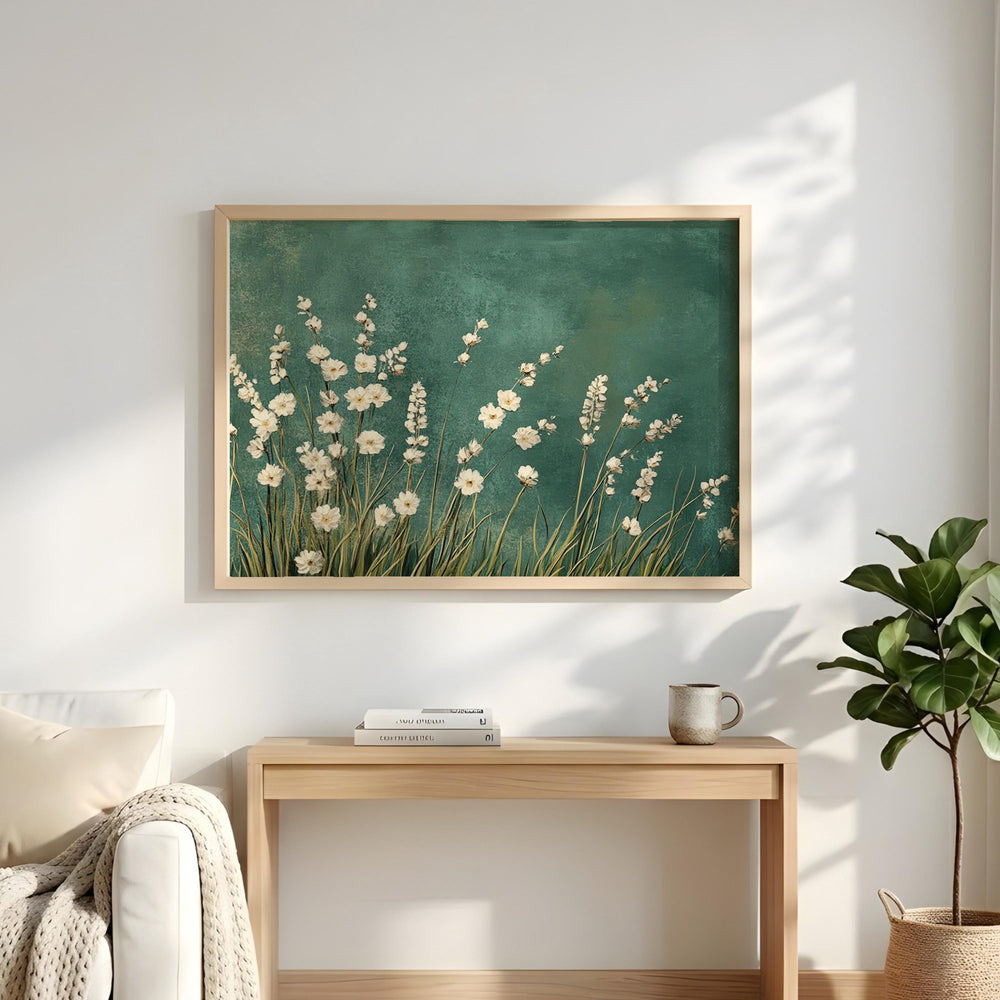 White Floral Botanical Wall Art, Minimalist Teal Background Print, Modern Nature Decor