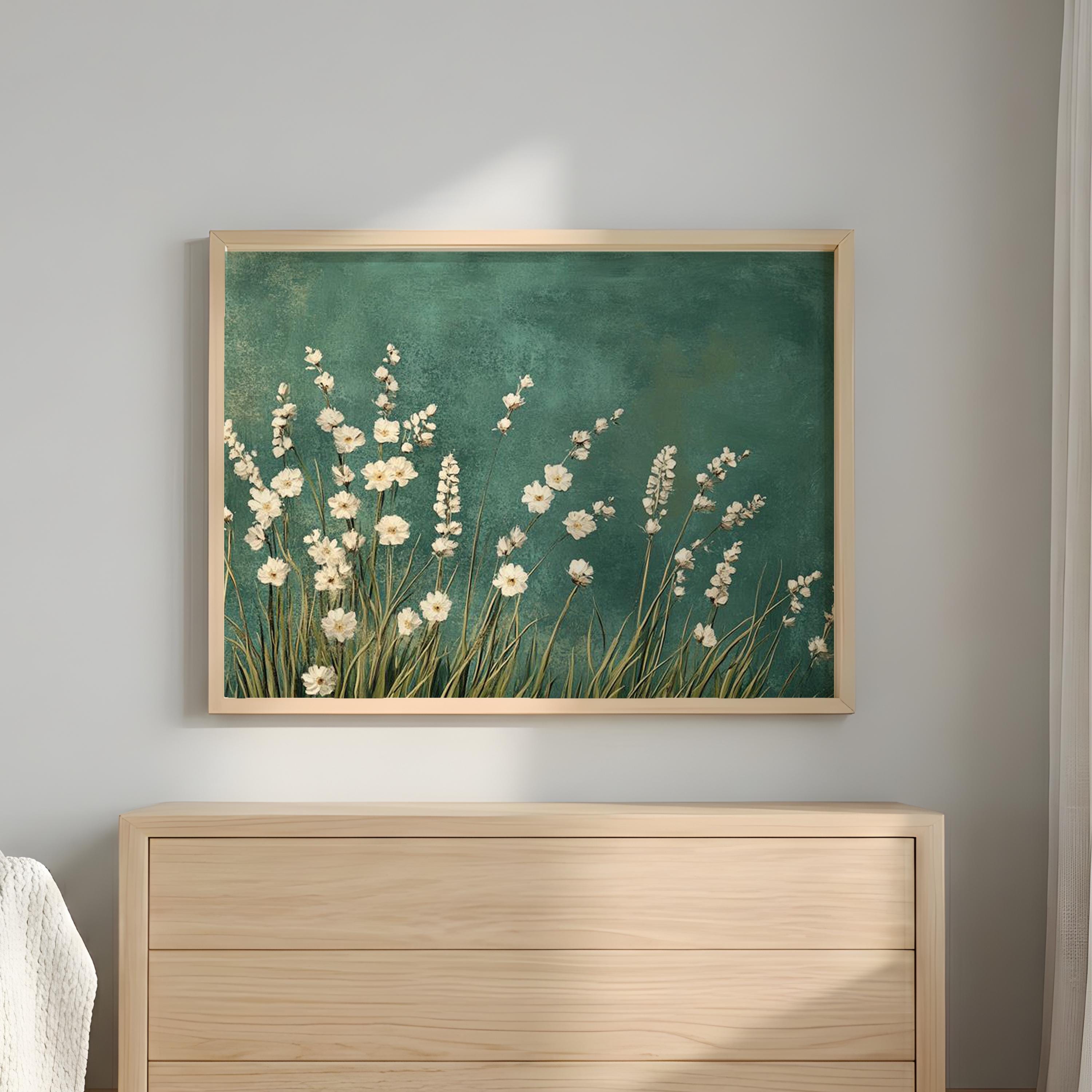 White Floral Botanical Wall Art, Minimalist Teal Background Print, Modern Nature Decor