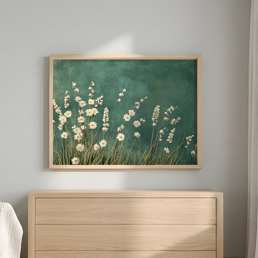 White Floral Botanical Wall Art, Minimalist Teal Background Print, Modern Nature Decor