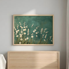 White Floral Botanical Wall Art, Minimalist Teal Background Print, Modern Nature Decor