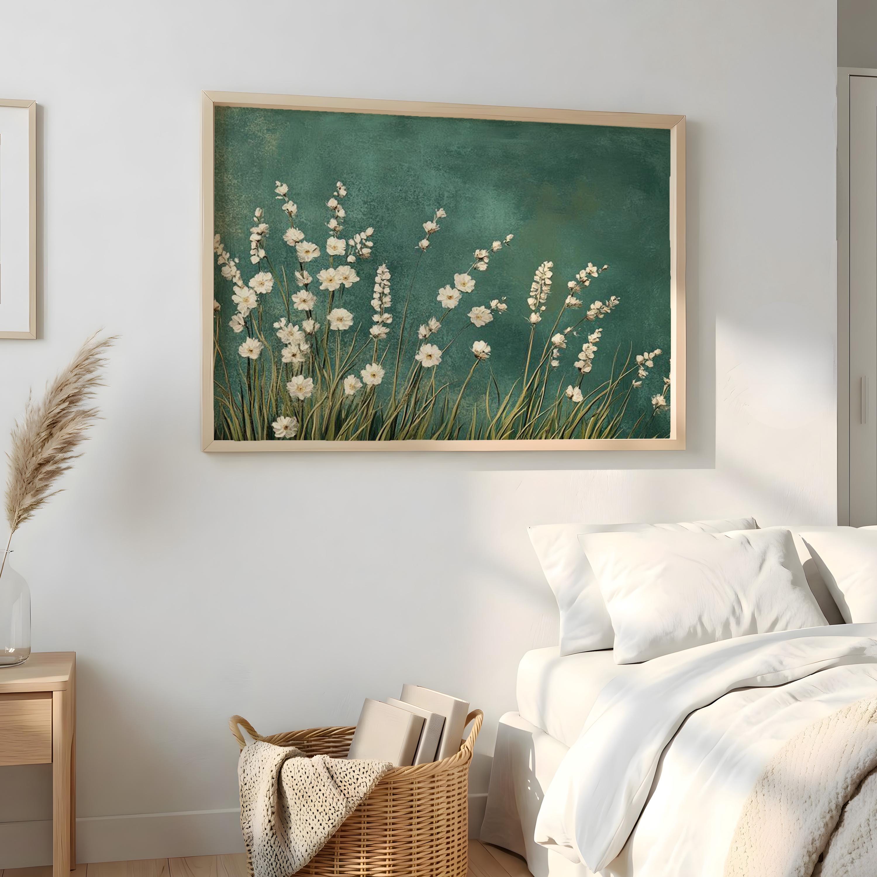 White Floral Botanical Wall Art, Minimalist Teal Background Print, Modern Nature Decor