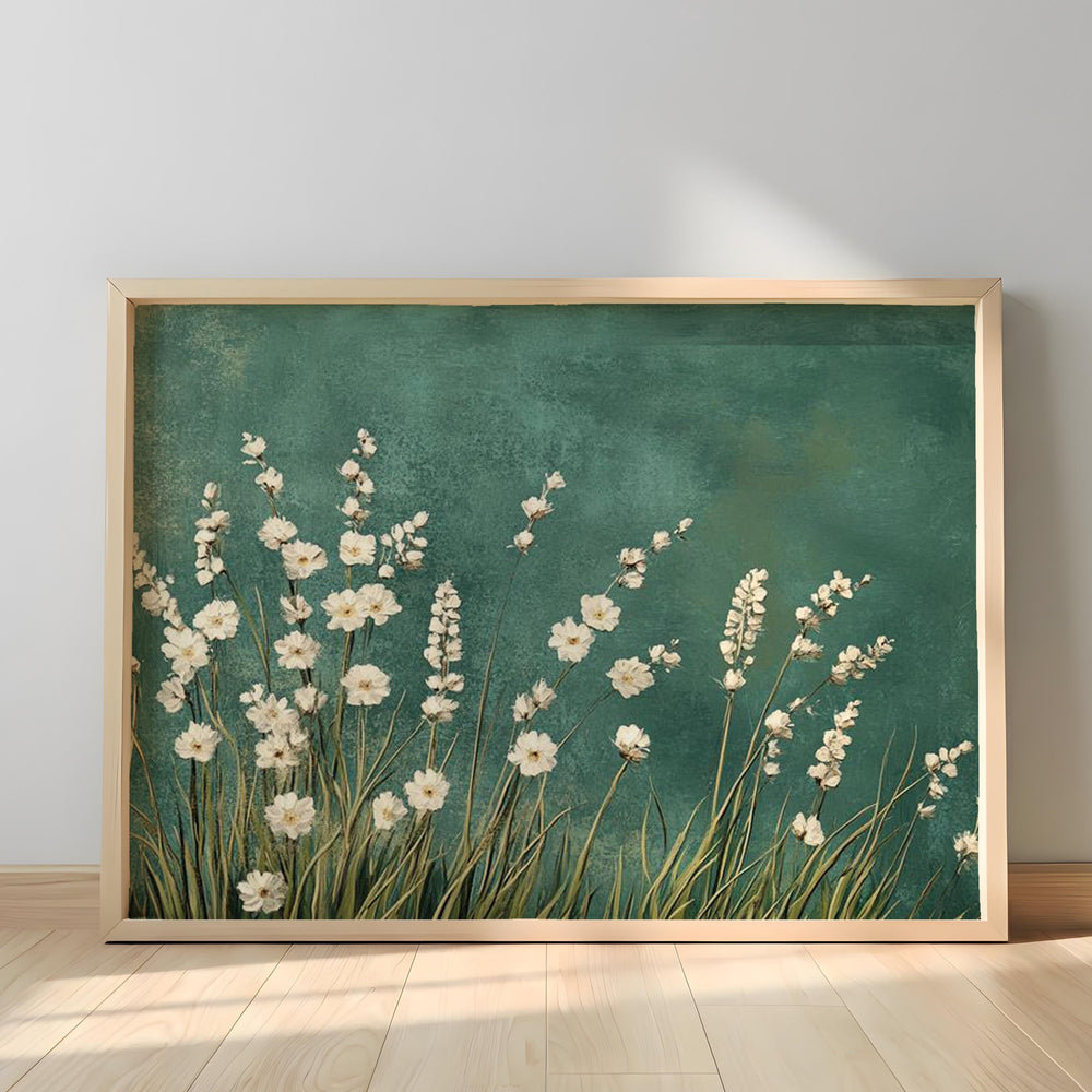 White Floral Botanical Wall Art, Minimalist Teal Background Print, Modern Nature Decor