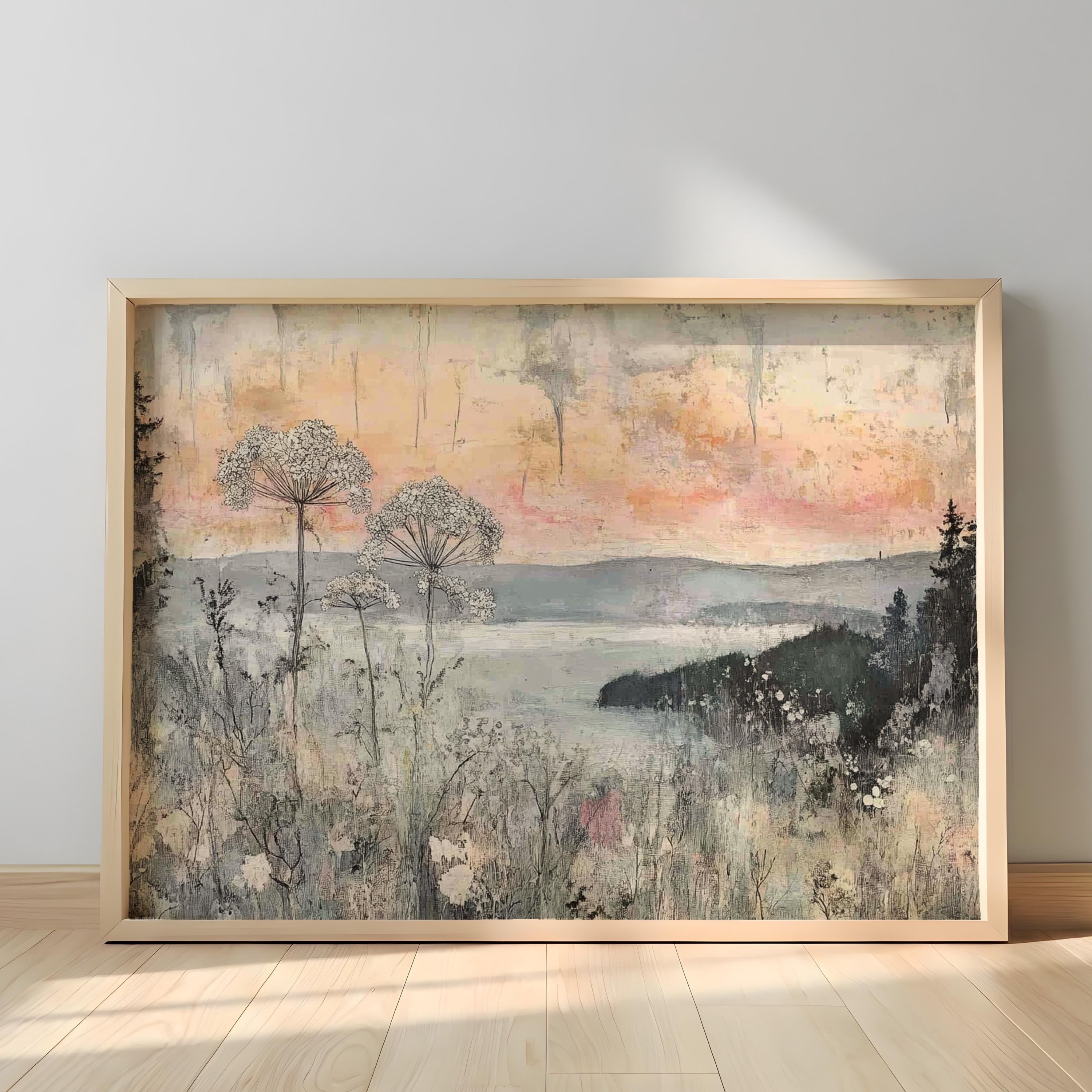 Neutral Wildflower Wall Art, Misty Lake Landscape Print, Rustic Cottage Framed Canvas, Farmhouse Botanical Home Decor, Serene Nature Accent