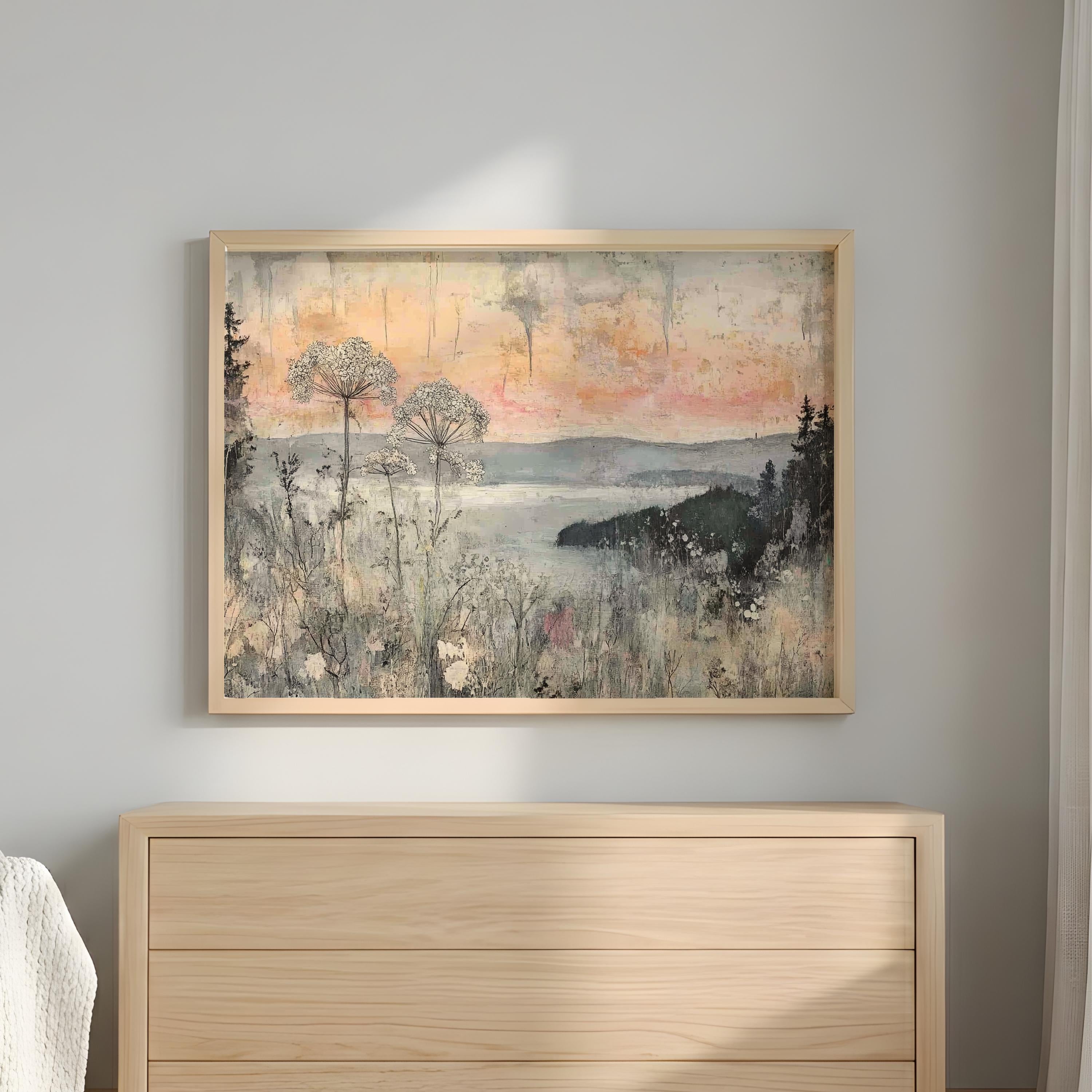 Neutral Wildflower Wall Art, Misty Lake Landscape Print, Rustic Cottage Framed Canvas, Farmhouse Botanical Home Decor, Serene Nature Accent