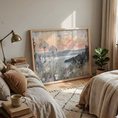 Neutral Wildflower Wall Art, Misty Lake Landscape Print, Rustic Cottage Framed Canvas, Farmhouse Botanical Home Decor, Serene Nature Accent