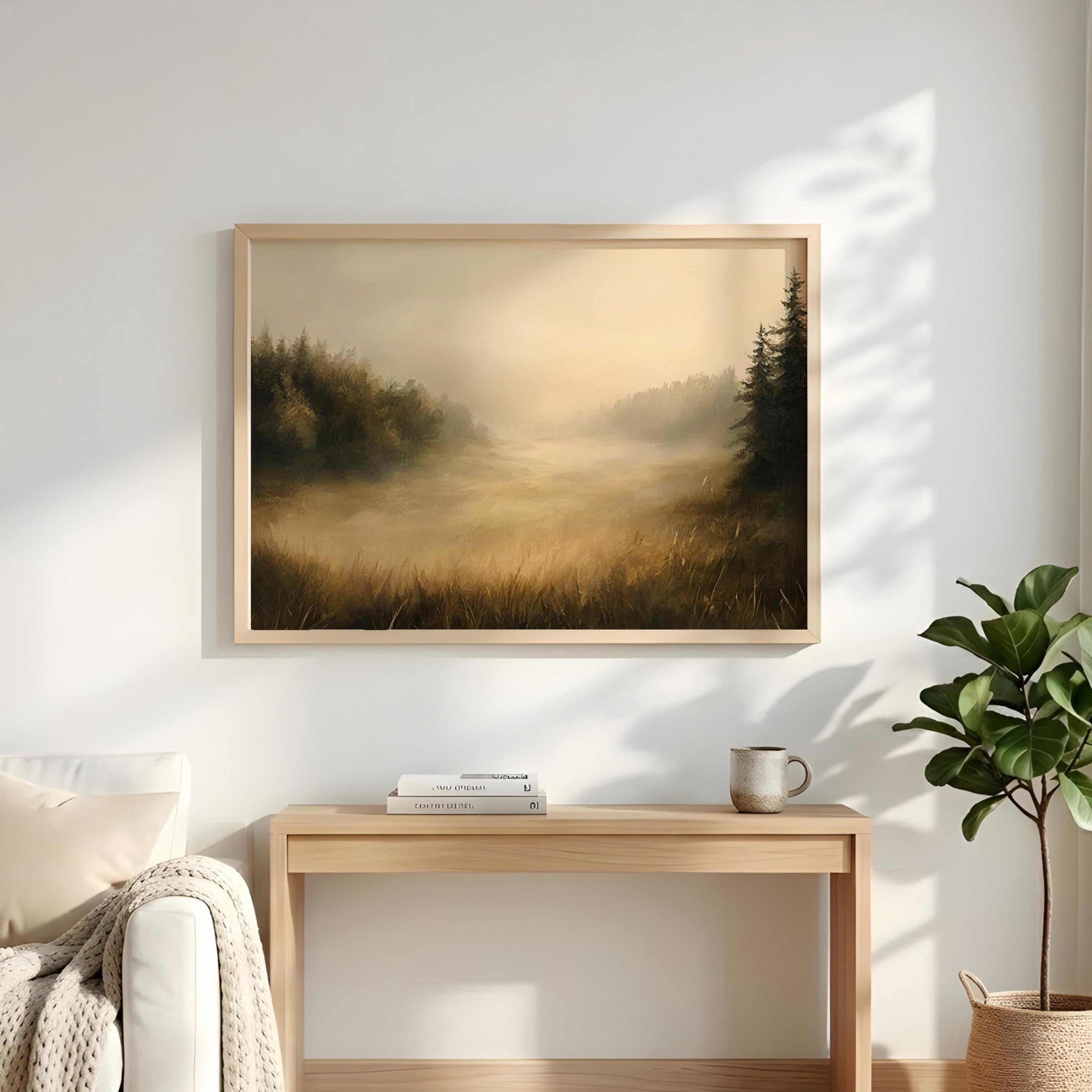 Golden Mist Landscape Wall Art, Moody Forest Field Print, Rustic Country Decor
