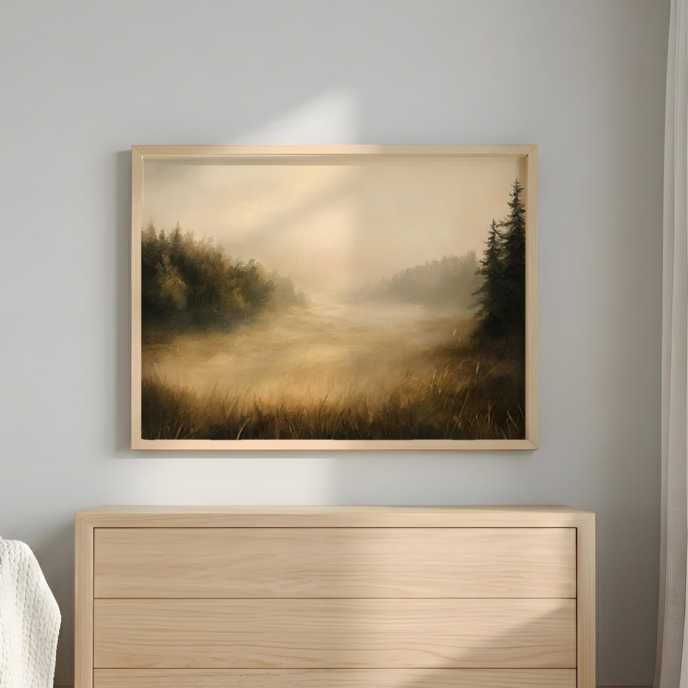Golden Mist Landscape Wall Art, Moody Forest Field Print, Rustic Country Decor