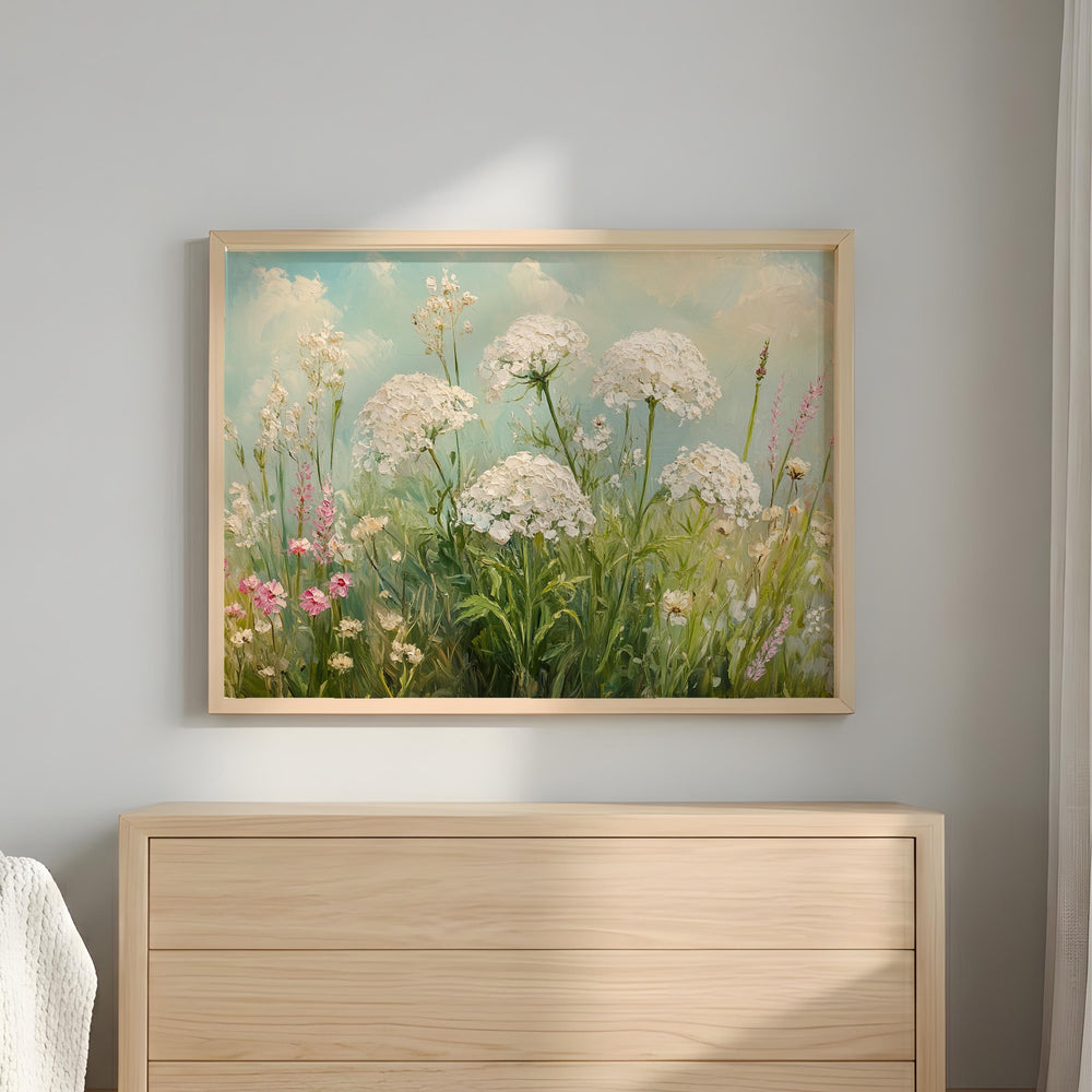 White Wildflower Wall Art, Cottage Garden Landscape Print, Rustic Farmhouse Framed Canvas, Botanical Home Decor, Serene Floral Accent