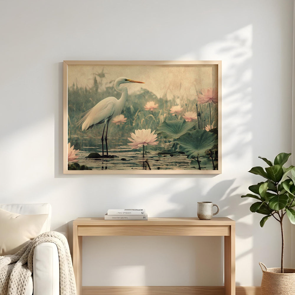 White Heron Wall Art Landscape, Serene Bird Nature Canvas Print, Water Lily Pond Wildlife Decor, Coastal Cottage Wall Art