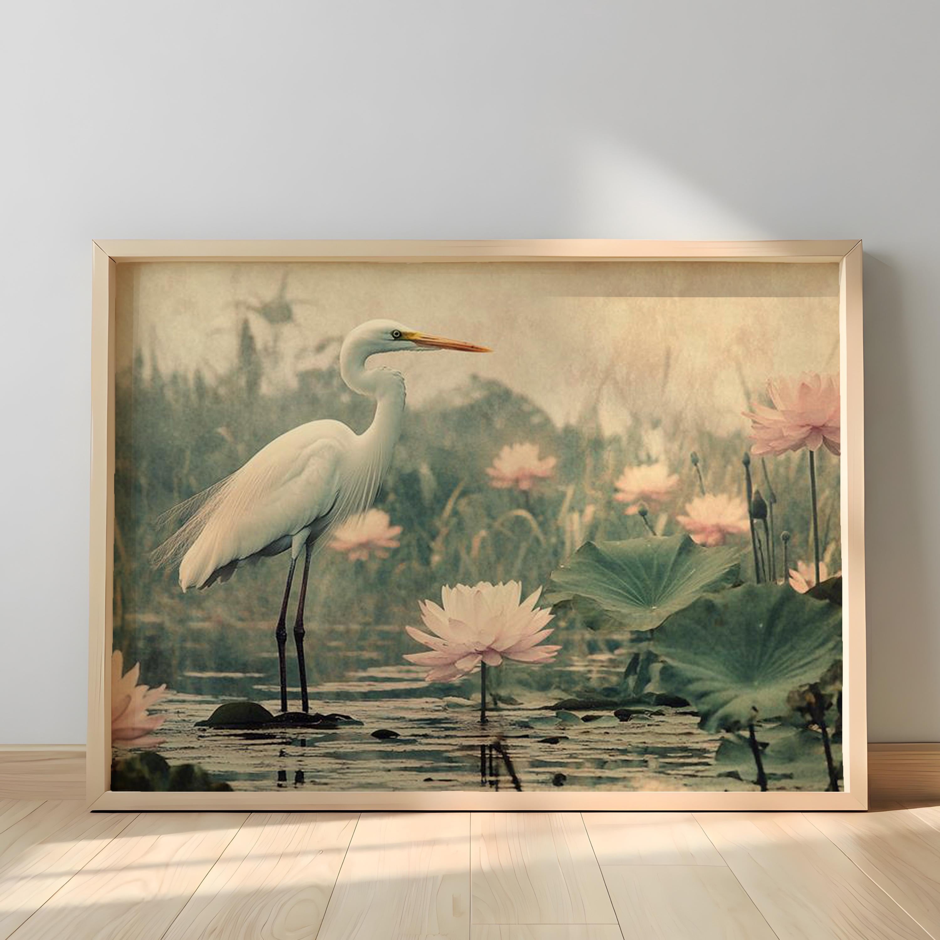 White Heron Wall Art Landscape, Serene Bird Nature Canvas Print, Water Lily Pond Wildlife Decor, Coastal Cottage Wall Art