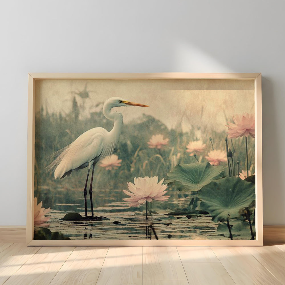 White Heron Wall Art Landscape, Serene Bird Nature Canvas Print, Water Lily Pond Wildlife Decor, Coastal Cottage Wall Art