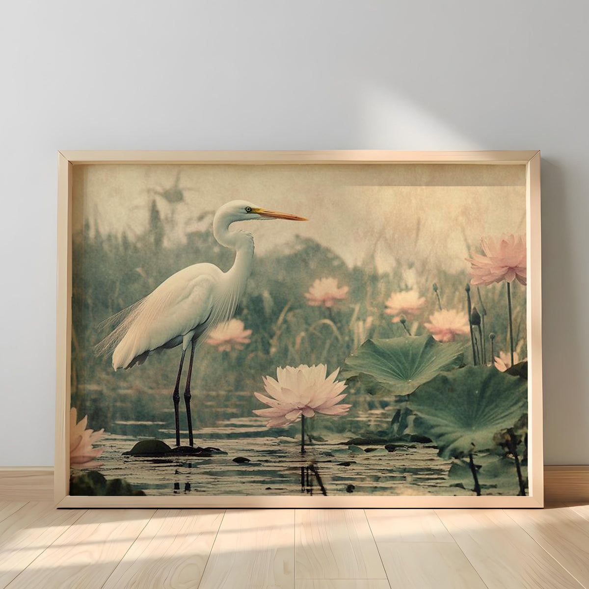 White Heron Wall Art Landscape, Serene Bird Nature Canvas Print, Water Lily Pond Wildlife Decor, Coastal Cottage Wall Art