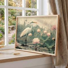White Heron Wall Art Landscape, Serene Bird Nature Canvas Print, Water Lily Pond Wildlife Decor, Coastal Cottage Wall Art