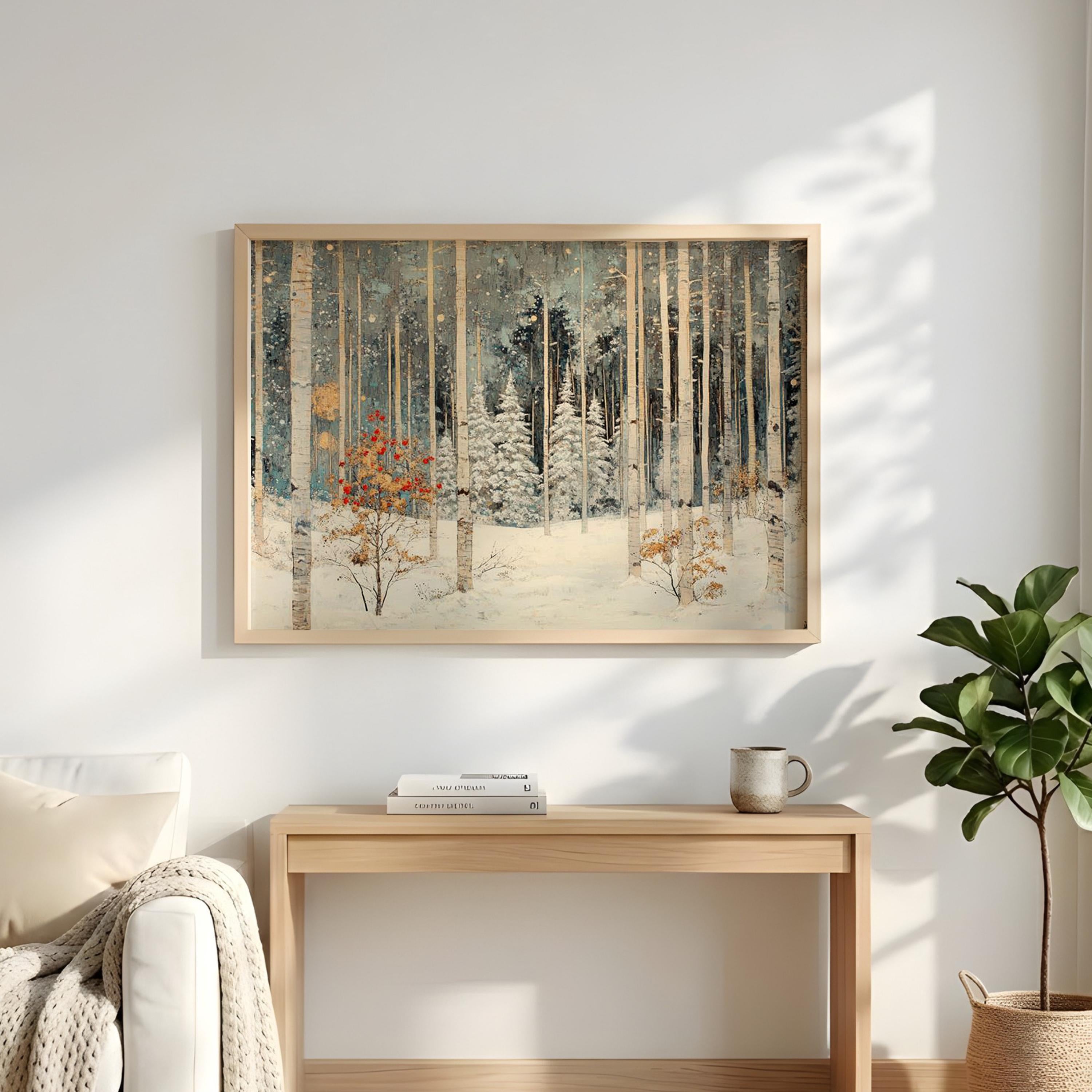 Winter Birch Forest Wall Art Landscape, Snow Woodland Canvas Print, Rustic Cabin Winter Decor, Nature Forest Wall Art
