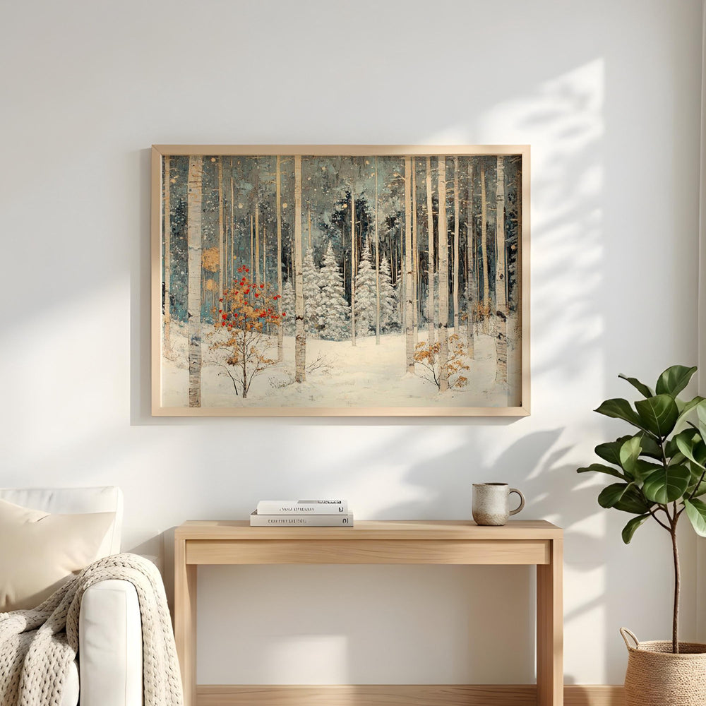 Winter Birch Forest Wall Art Landscape, Snow Woodland Canvas Print, Rustic Cabin Winter Decor, Nature Forest Wall Art
