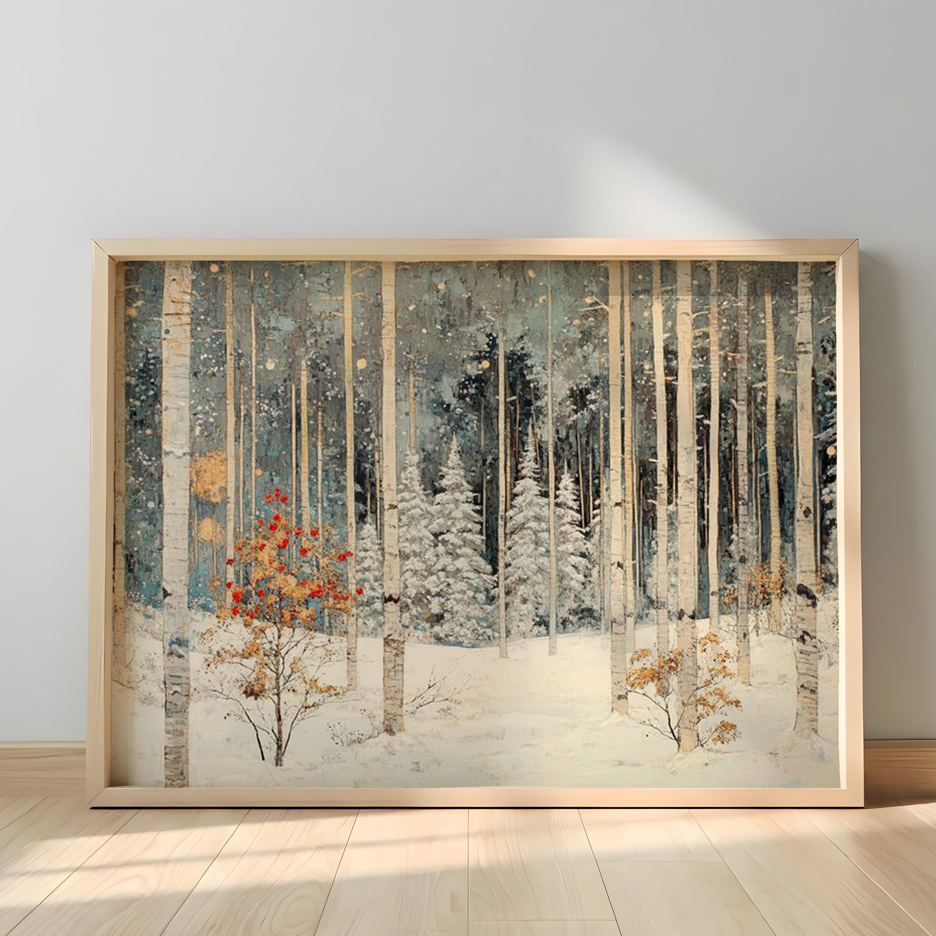 Winter Birch Forest Wall Art Landscape, Snow Woodland Canvas Print, Rustic Cabin Winter Decor, Nature Forest Wall Art