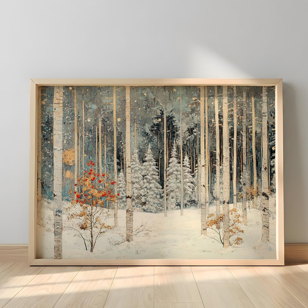Winter Birch Forest Wall Art Landscape, Snow Woodland Canvas Print, Rustic Cabin Winter Decor, Nature Forest Wall Art
