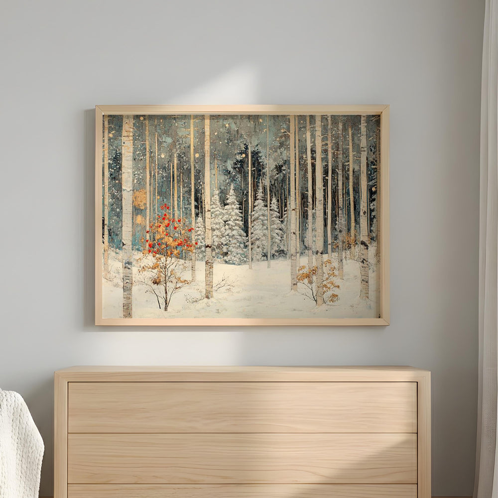 Winter Birch Forest Wall Art Landscape, Snow Woodland Canvas Print, Rustic Cabin Winter Decor, Nature Forest Wall Art