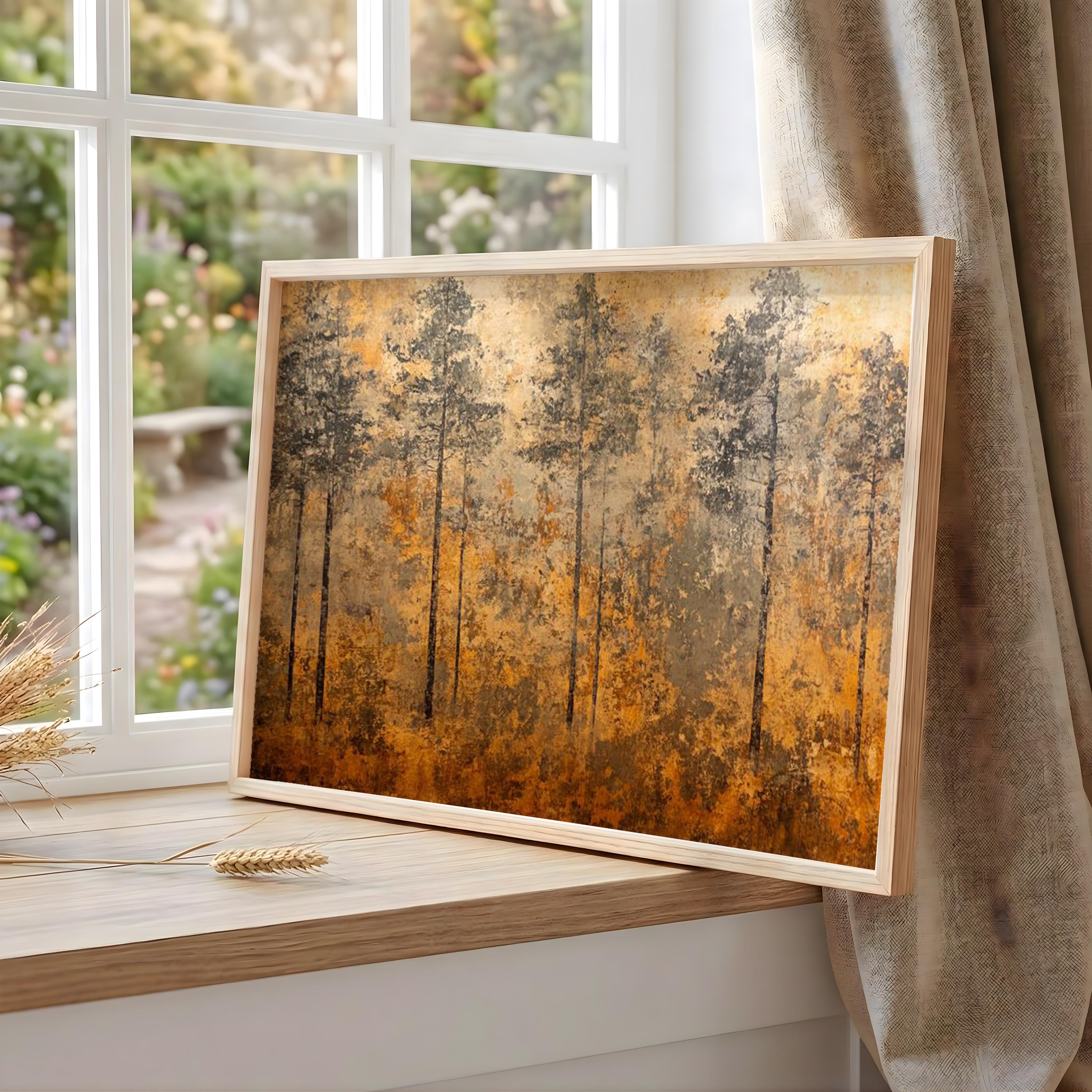 Vintage Woodland Landscape Wall Art, Rustic Pine Forest Canvas Print, Nature Landscape Decor, Cabin Lodge Wall Art