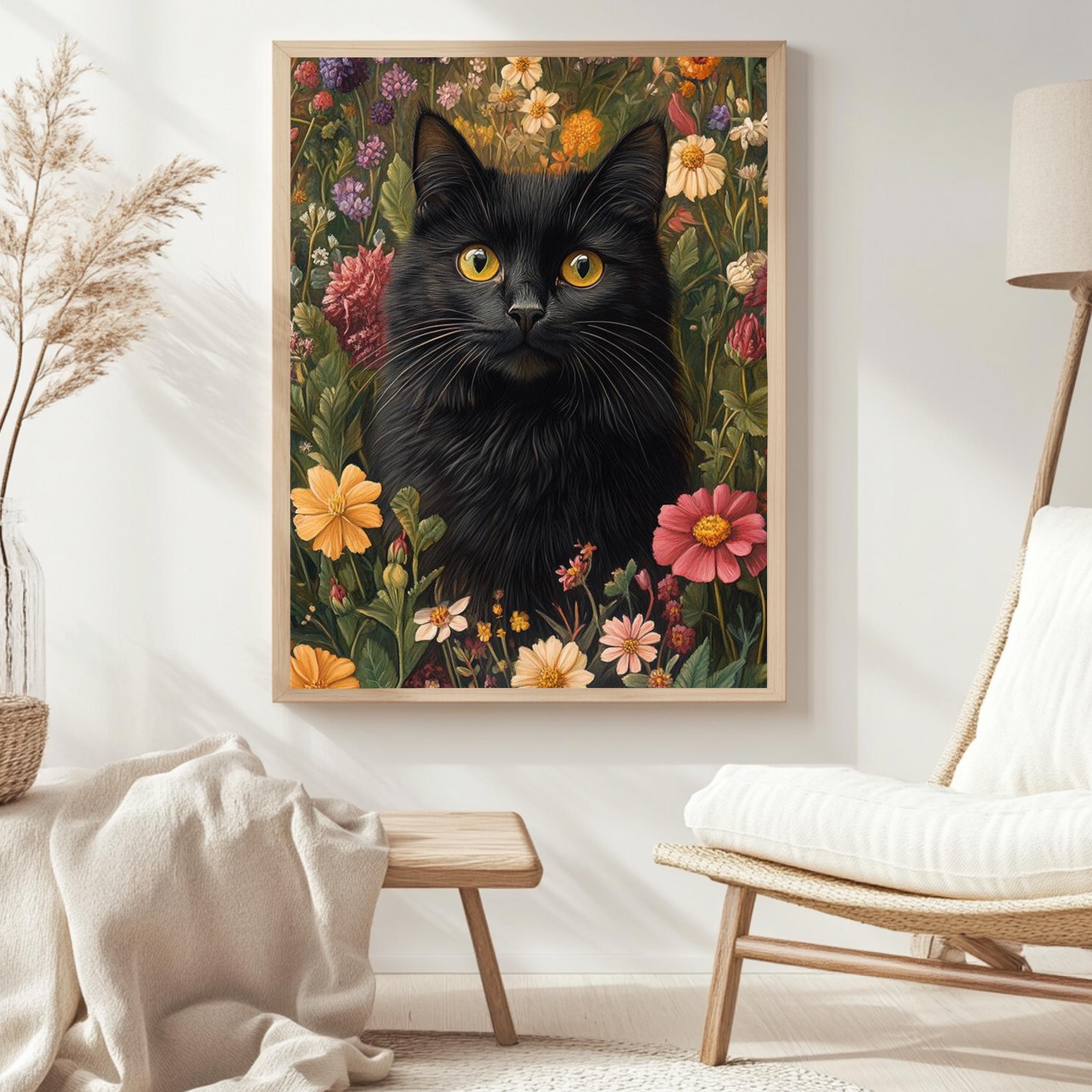 Black Cat Floral Wall Art, Botanical Garden Cat Framed Canvas, Cottagecore Animal Decor, William Morris Style Artwork, Vintage Nature Print