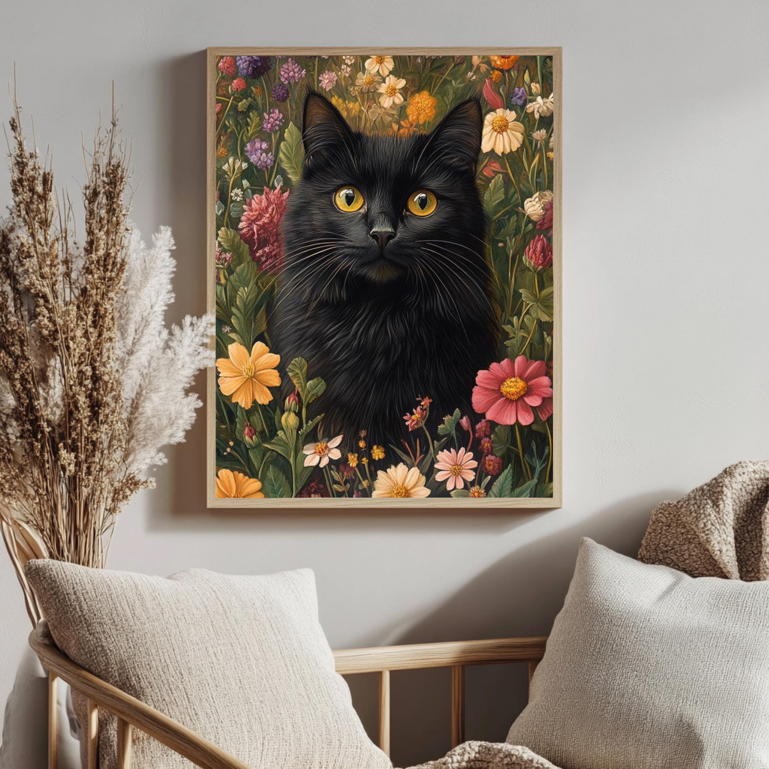Black Cat Floral Wall Art, Botanical Garden Cat Framed Canvas, Cottagecore Animal Decor, William Morris Style Artwork, Vintage Nature Print