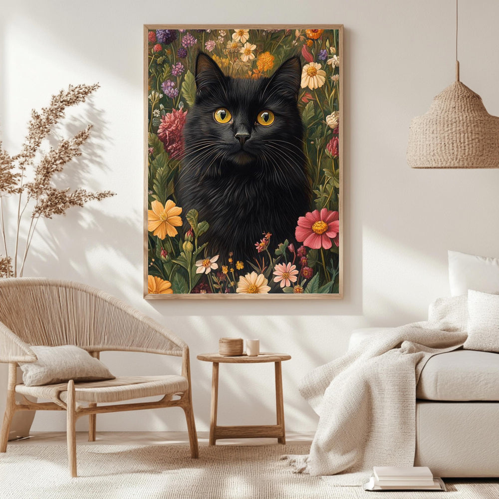 Black Cat Floral Wall Art, Botanical Garden Cat Framed Canvas, Cottagecore Animal Decor, William Morris Style Artwork, Vintage Nature Print