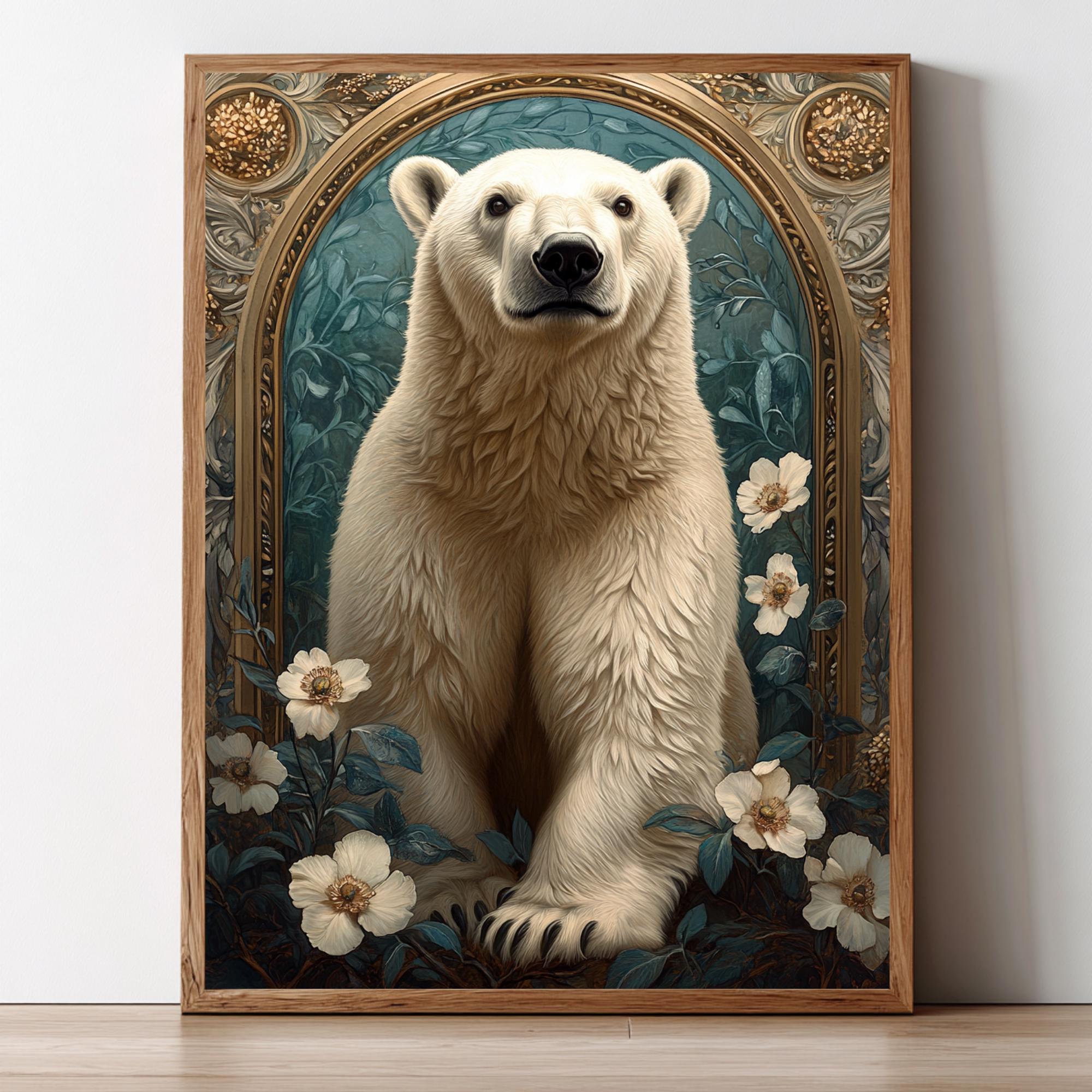 Polar Bear Wall Art, Botanical Arctic Animal Framed Canvas, Vintage Wildlife Home Decor, William Morris Style Artwork