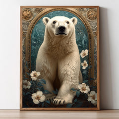 Polar Bear Wall Art, Botanical Arctic Animal Framed Canvas, Vintage Wildlife Home Decor, William Morris Style Artwork