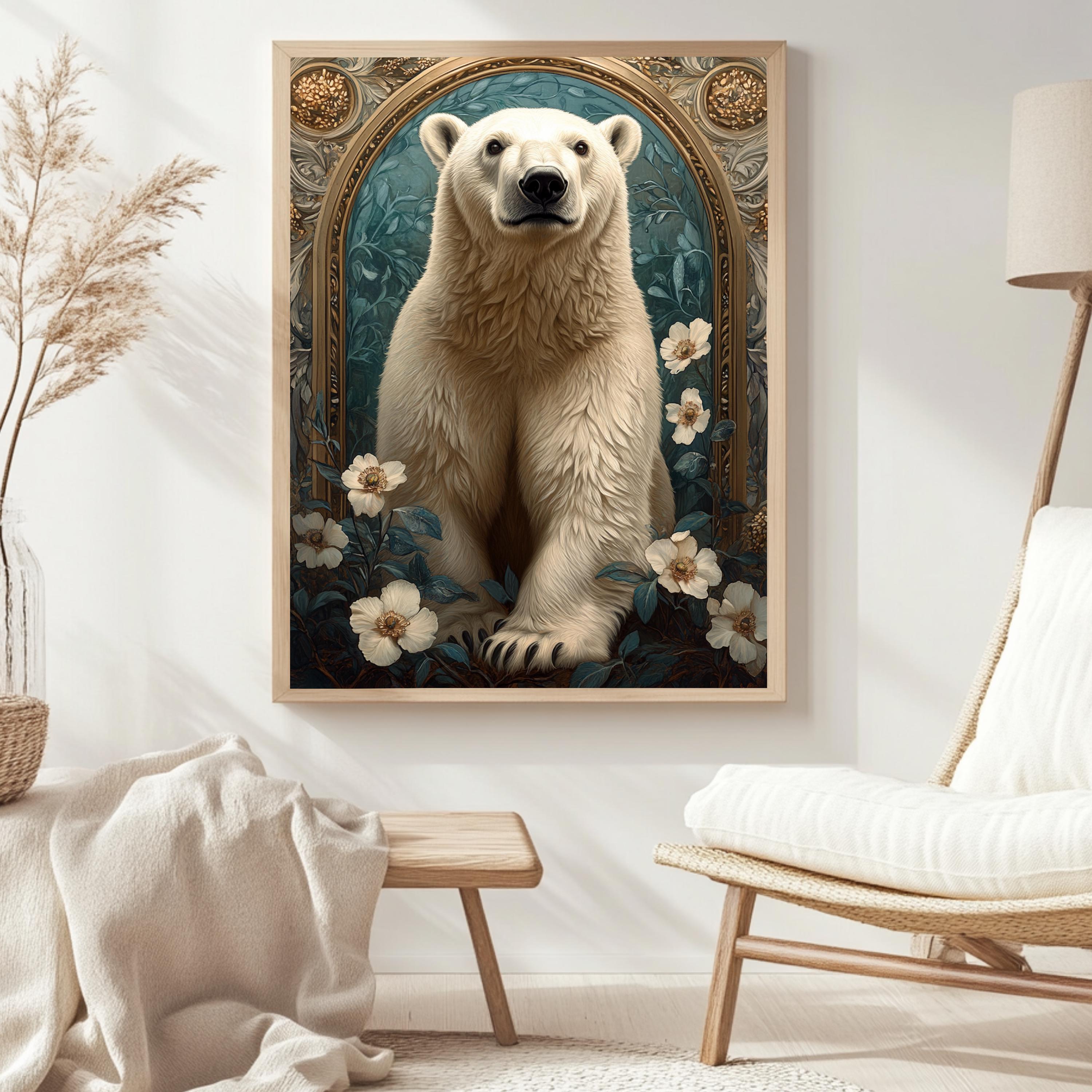Polar Bear Wall Art, Botanical Arctic Animal Framed Canvas, Vintage Wildlife Home Decor, William Morris Style Artwork