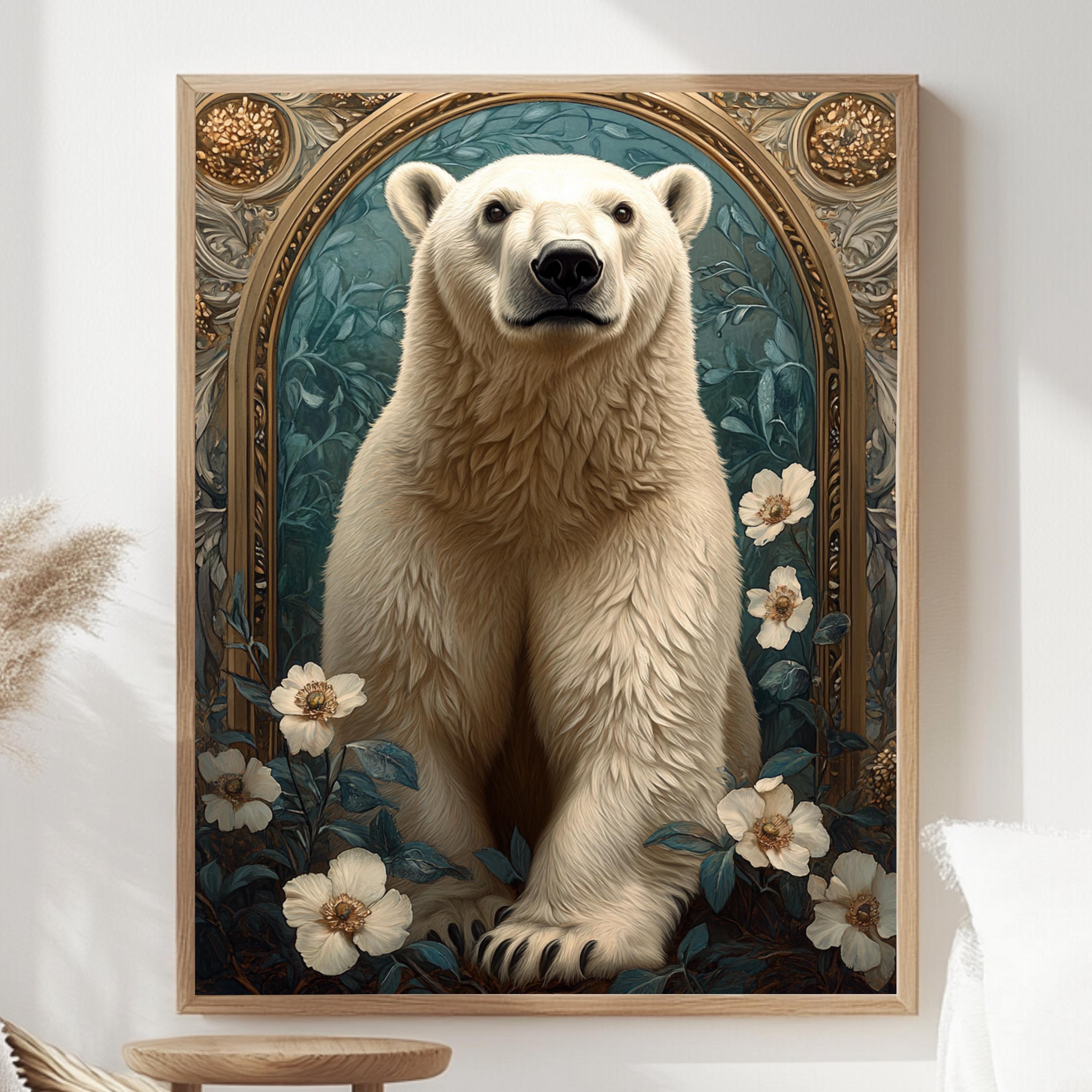 Polar Bear Wall Art, Botanical Arctic Animal Framed Canvas, Vintage Wildlife Home Decor, William Morris Style Artwork