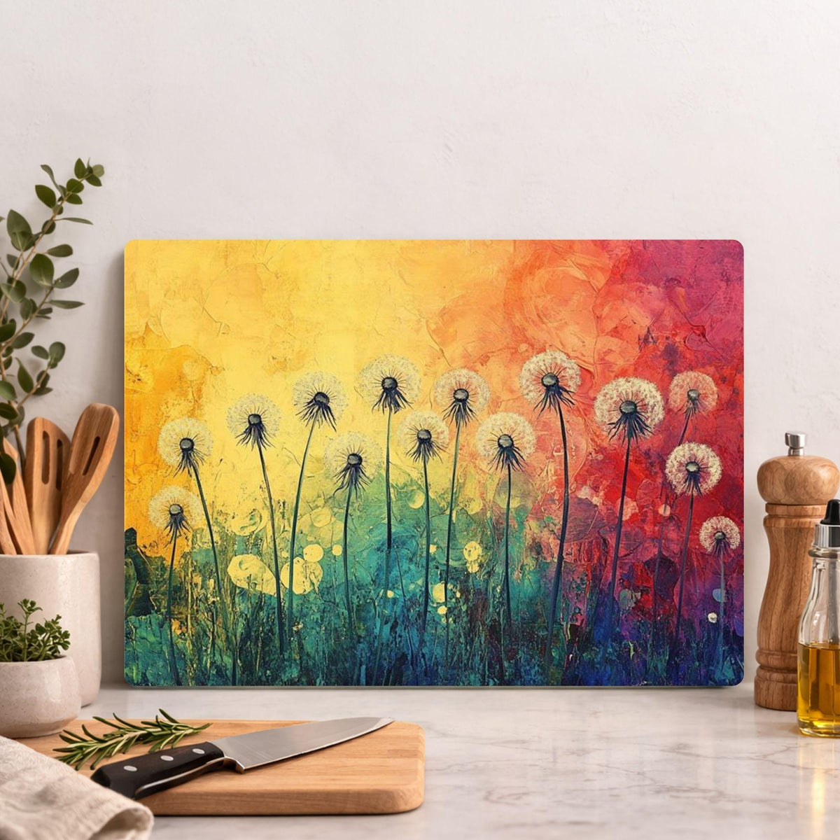 Dandelion Glass Cutting Board, Rainbow Floral Kitchen Decor, Artistic Wildflower Prep Board, Decorative Kitchen Board