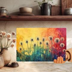 Dandelion Glass Cutting Board, Rainbow Floral Kitchen Decor, Artistic Wildflower Prep Board, Decorative Kitchen Board