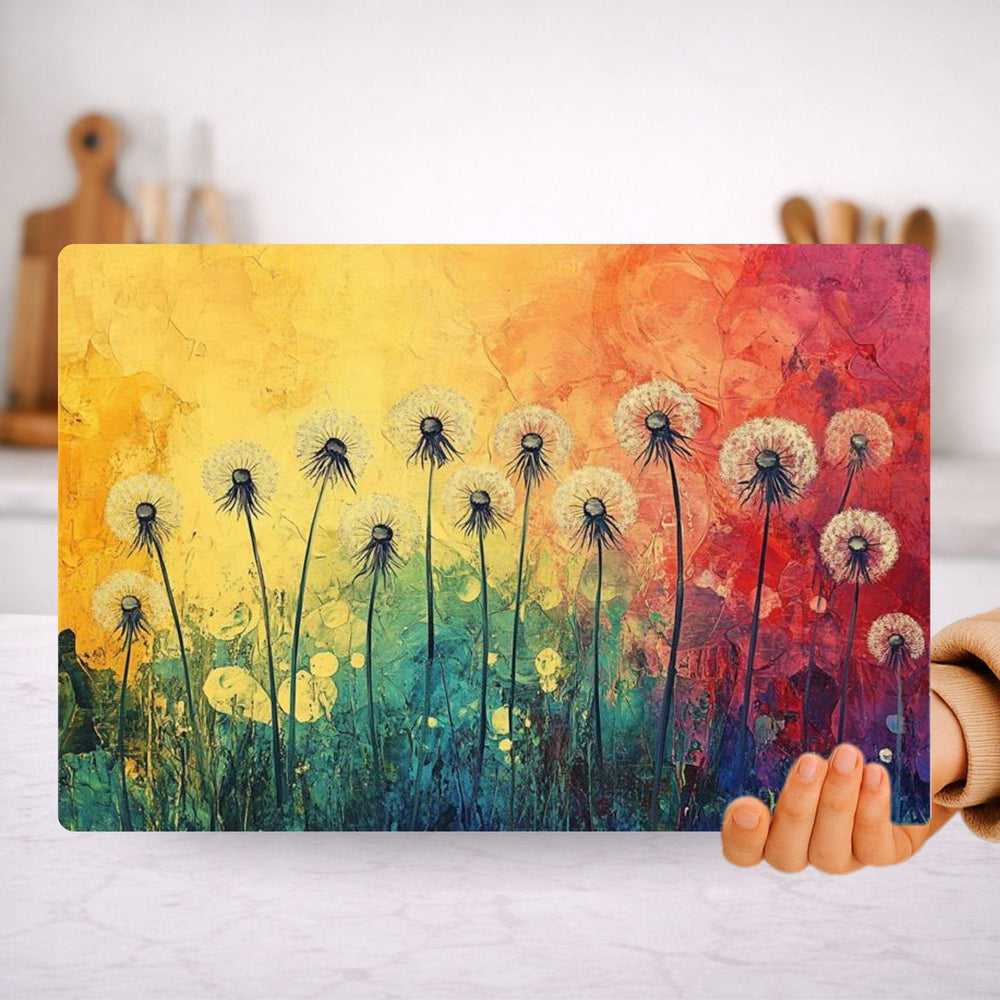 Dandelion Glass Cutting Board, Rainbow Floral Kitchen Decor, Artistic Wildflower Prep Board, Decorative Kitchen Board