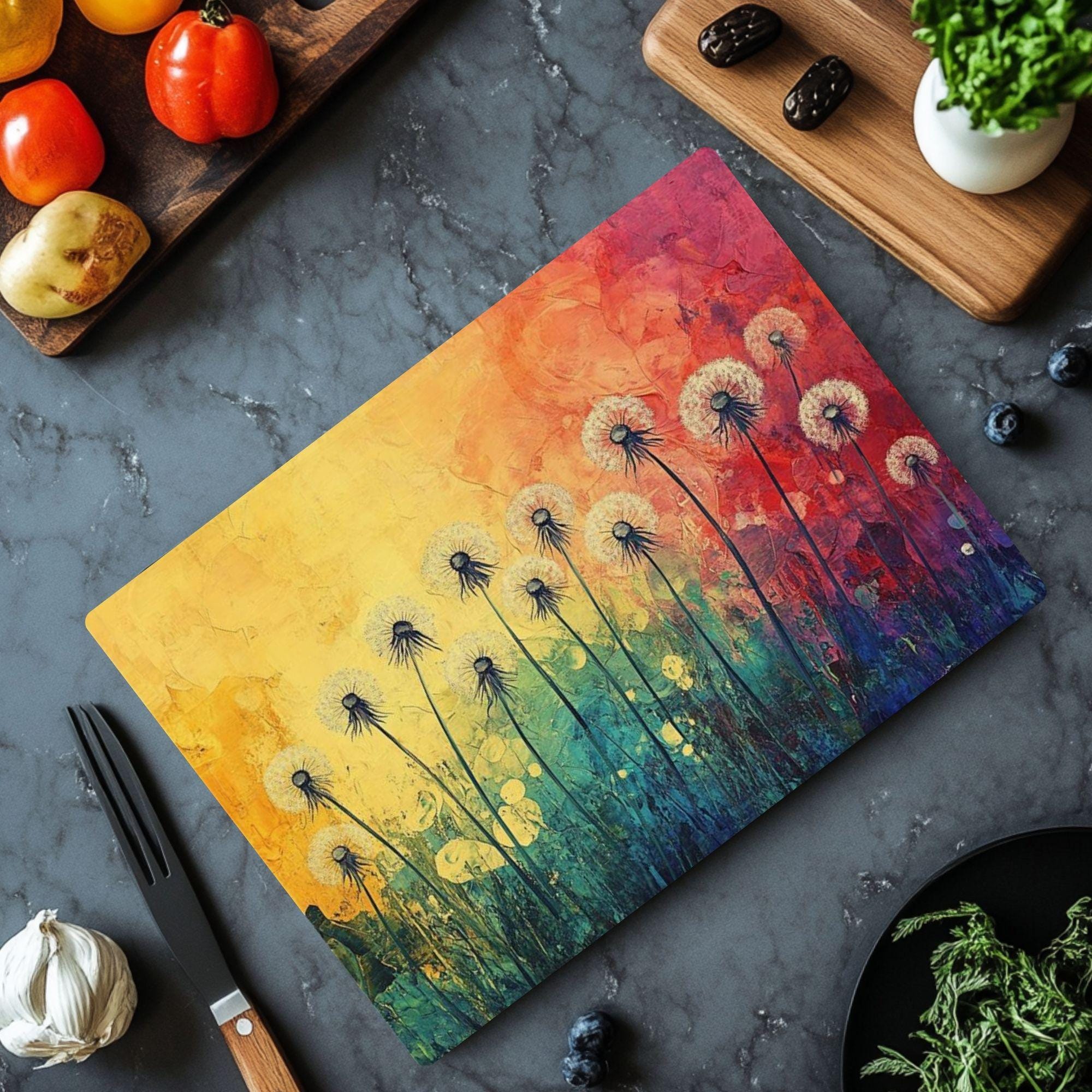 Dandelion Glass Cutting Board, Rainbow Floral Kitchen Decor, Artistic Wildflower Prep Board, Decorative Kitchen Board