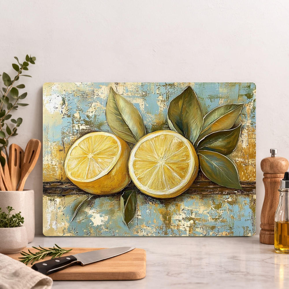 Vintage Lemon Glass Cutting Board, Rustic Citrus Kitchen Decor, Lemon Kitchen Prep Board