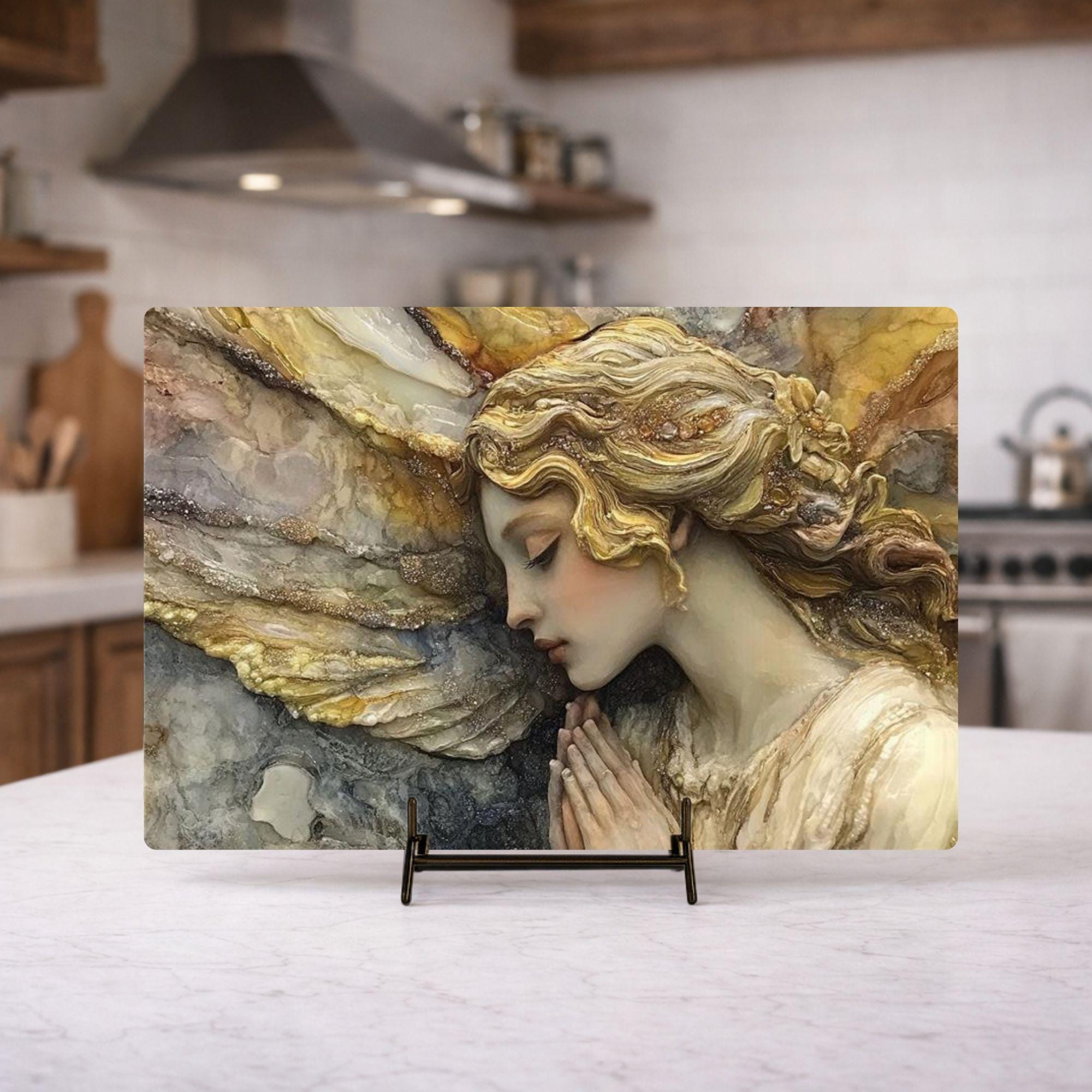 Marble Angel Glass Cutting Board, Elegant Angel Kitchen Decor, Vintage Style Kitchen Board