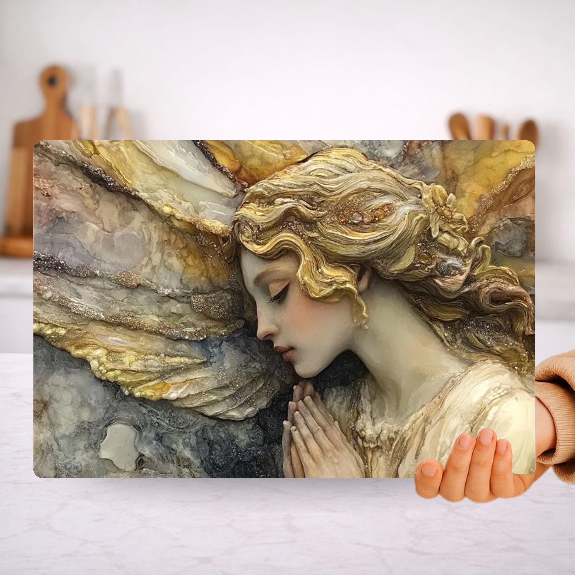 Marble Angel Glass Cutting Board, Elegant Angel Kitchen Decor, Vintage Style Kitchen Board